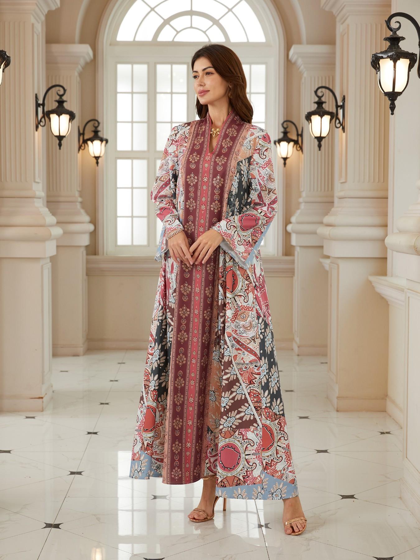 Women's Vintage Floral Totem Print Embellished Robe, Dubai Style Kaftan Evening Gown, Eid Al Fitr Abaya