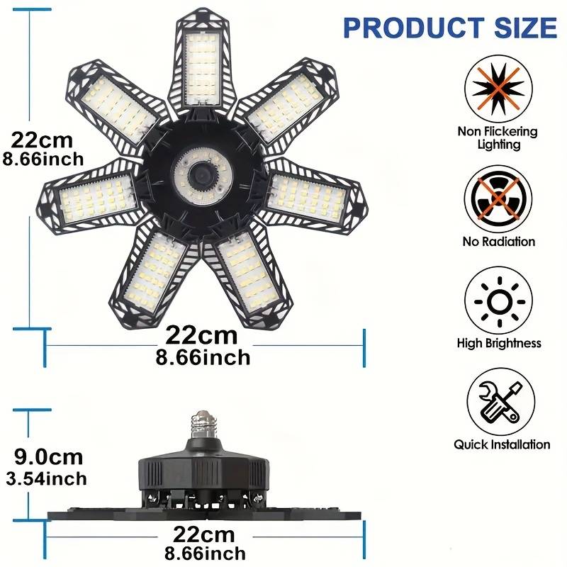 New 7+1LED Garage Light Bulbs, Ultra Bright 6500K Garage Ceiling LED Light, Shop Light with Deformable Panels, E26/E27 Bulb Socket Lighting for Workshop, Warehouse