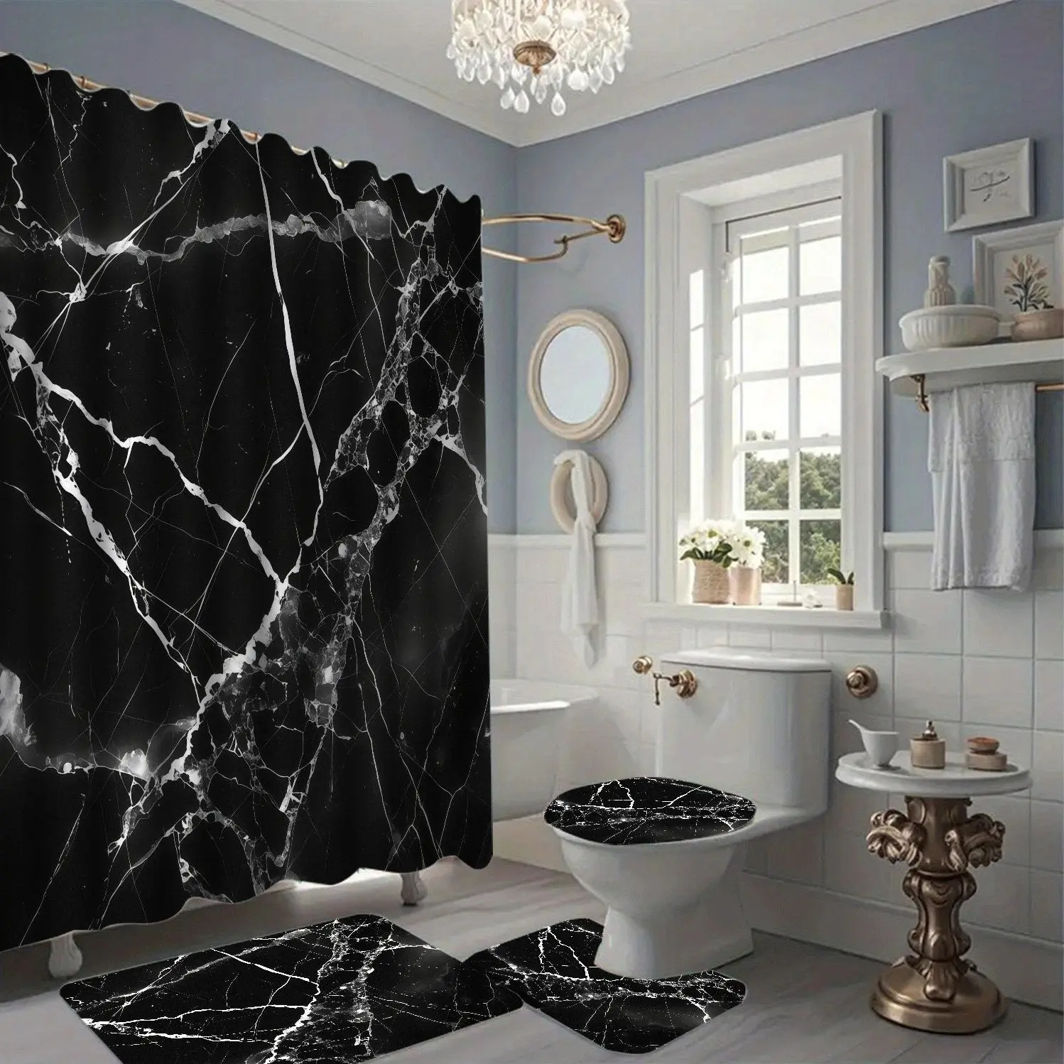 Modern Minimalist Marble Print Bath Curtain Set, Waterproof Polyester Shower Curtain, Bathroom Decor, 1/4pcs, Long Rectangle