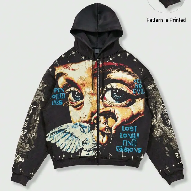 Men's Y2K Retro Vintage Streetwear, Angel Wings Graffiti Print Zip-Up Sweatshirt, Graphic Hoodie, Loose-Fit Short Jacket