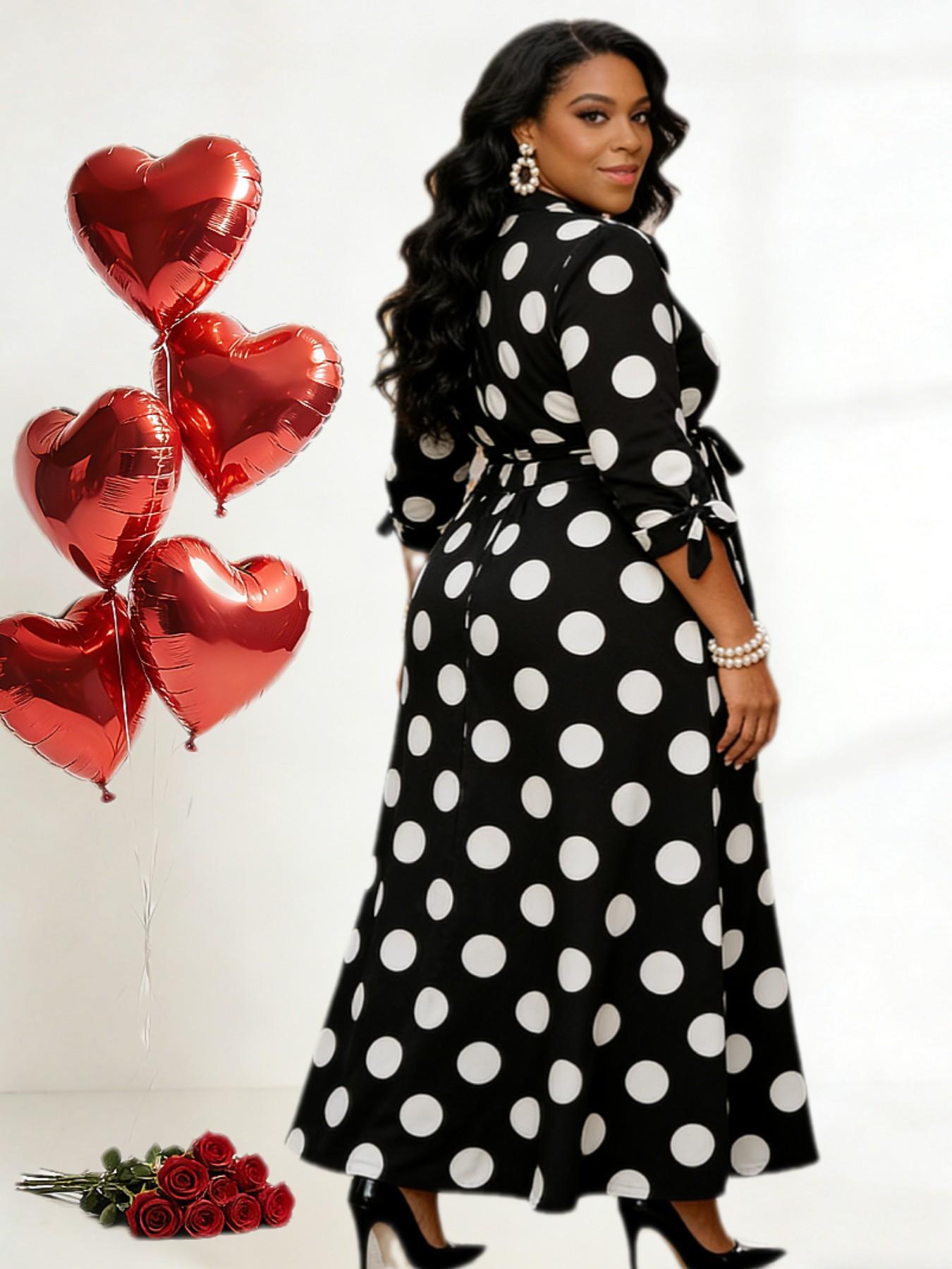 Plus Size Polka Dot Print Belted Button Front Shirt Dress, Elegant 3/4 Sleeve Tie Front High Waist Long Dress for Vacation Holiday Party, Women's Clothes for Summer Plus Size Polka Dot Print Belted Button Front Shirt Dress, Elegant 3/4 Sleeve Tie Front High Waist Long Dress for Vacation Holiday Party, Women's Clothes for Summer