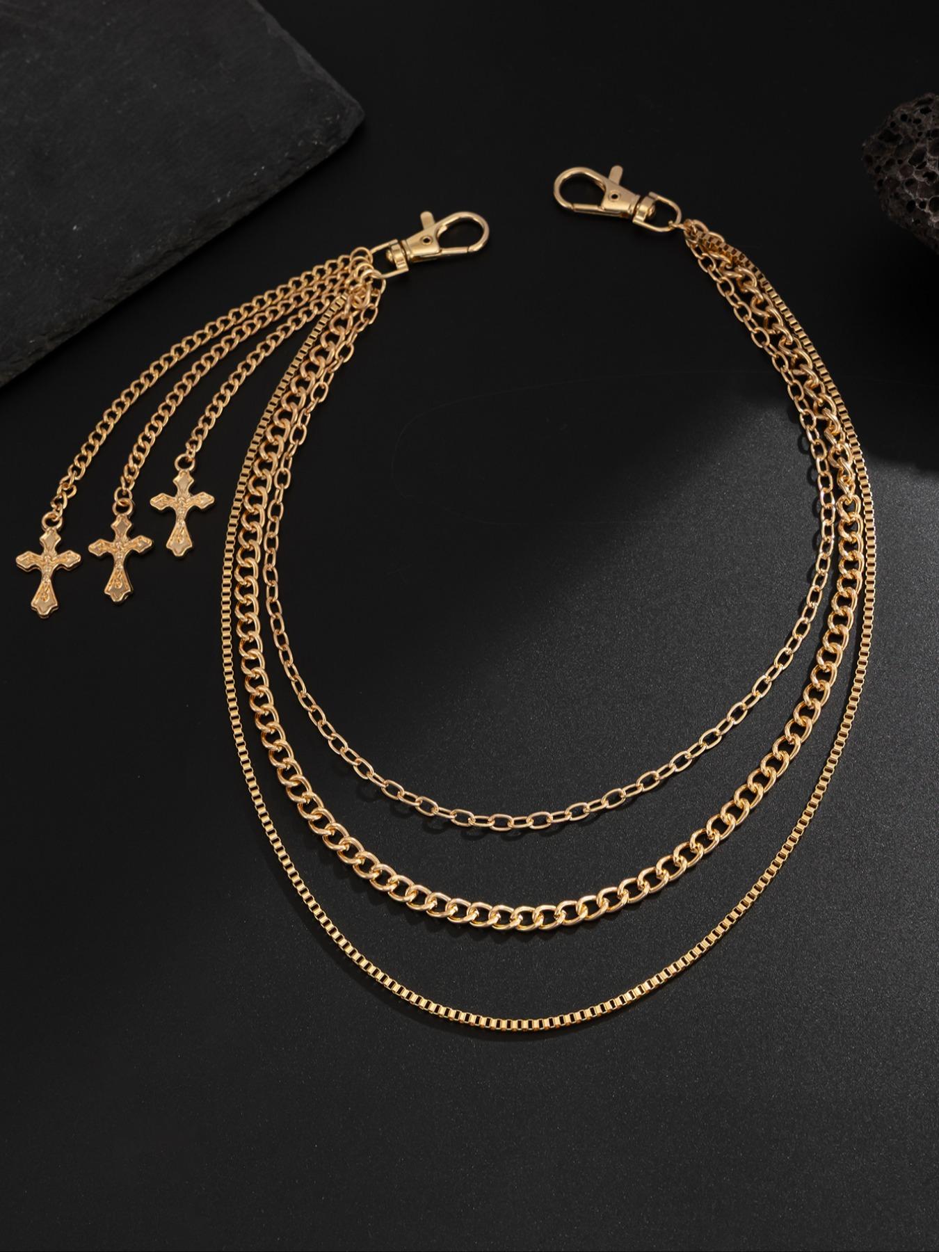 Men's Cross Charm Layered Chain Belt, Punk Style Jeans Chain, Western Buckle Belt, Fashion Belt for Party, Daily Clothing Decor, Trendy All-match & Exquisite Belt for Birthday Gift