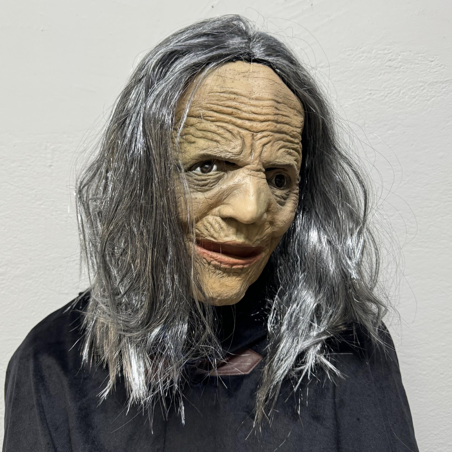 Scary Old Witch Latex Mask – Creepy Grandma Costume With Black Eyes And Grey Hair For Halloween Horror Cosplay Party Adults Masquerade Prop
