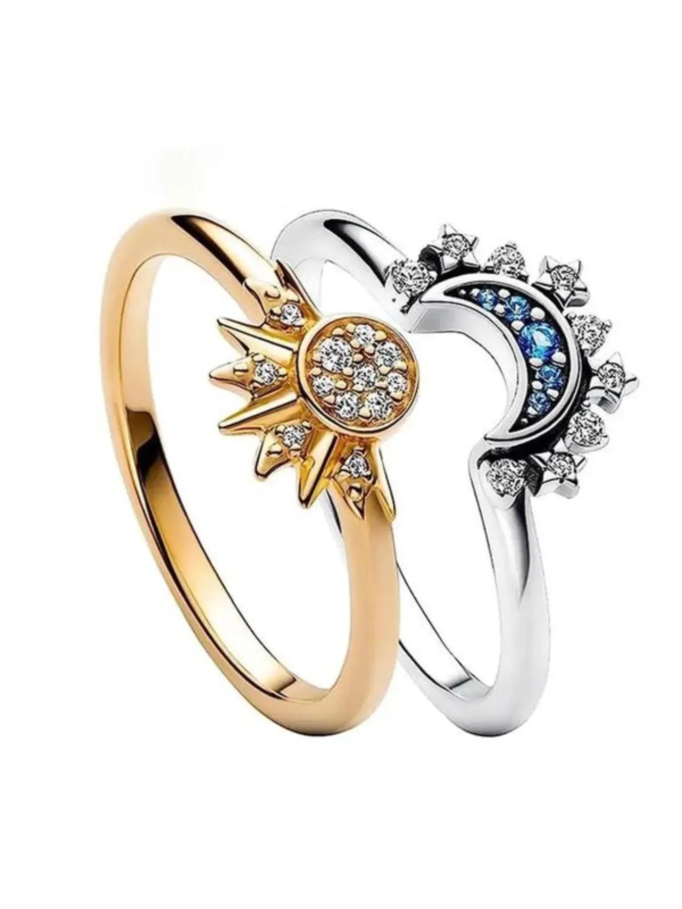 Sparkling Starry Sky Blue Moon Ring and Gold Sun Ring, Gift for Her, Girlfriend, Mother, Friend, Casual Style, All Seasons