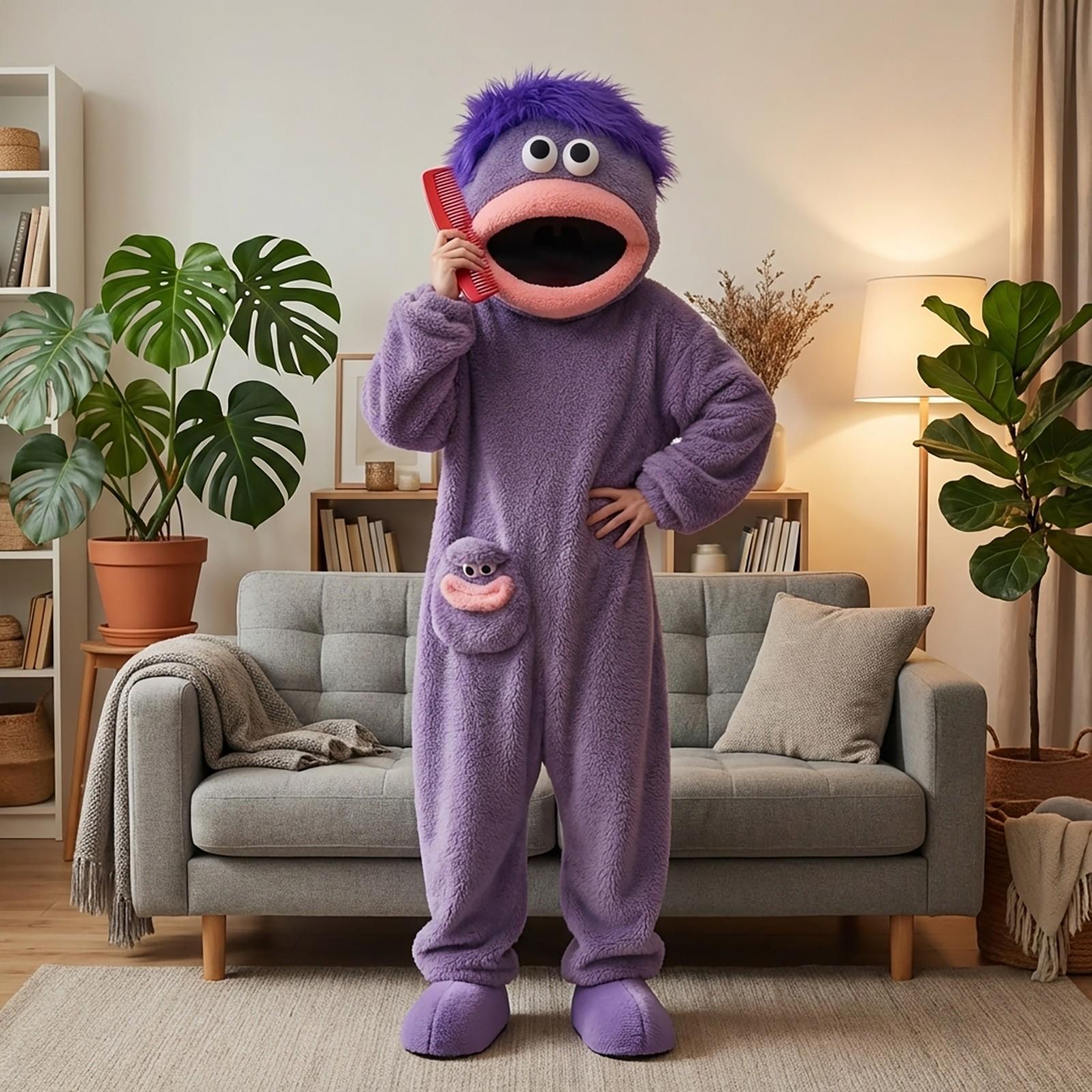 Cute Onesie Set, Soft Flannel Pajama with Hat, Funny Big Mouth Monster Design, 3-Piece Set for Home & Party Fun