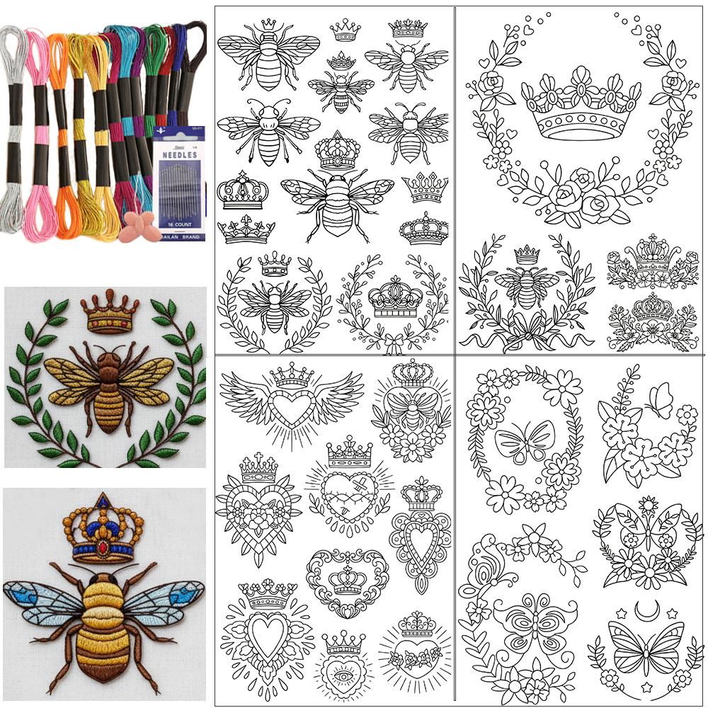 43Pcs Bee With Crown Water-Soluble Embroidery Patterns, Plant Pre-Printed Stabilizer Embroidery Stickers, Non-Woven Self-Stick Embroidery Stickers