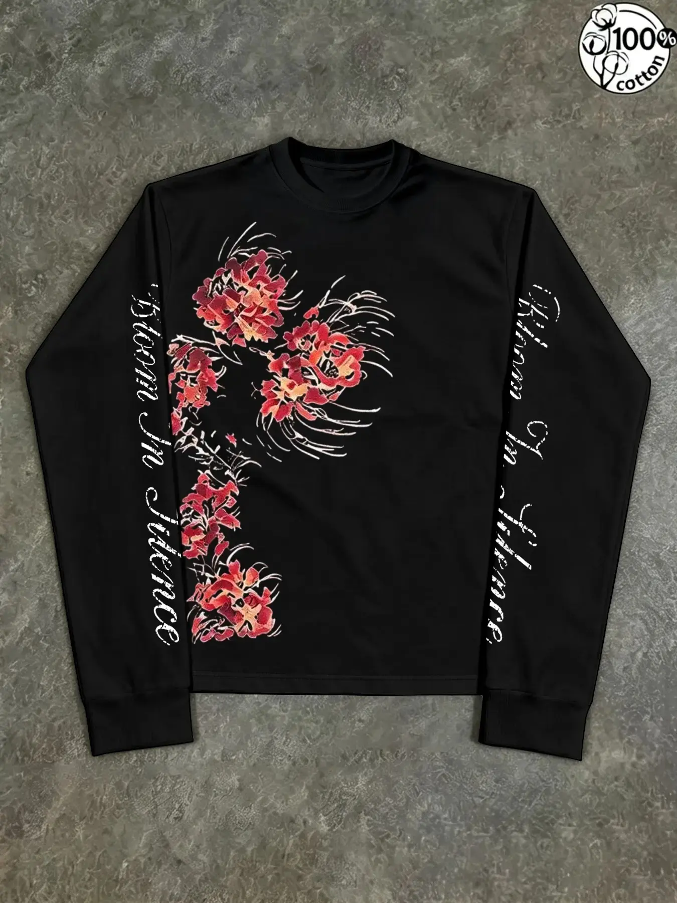Spider Lily Floral & Script Sleeve Print Long Sleeve T-Shirt, 100% Cotton Unisex Grunge Alt Crewneck Tee, Dark Aesthetic Streetwear Casual Top, Multi-Color