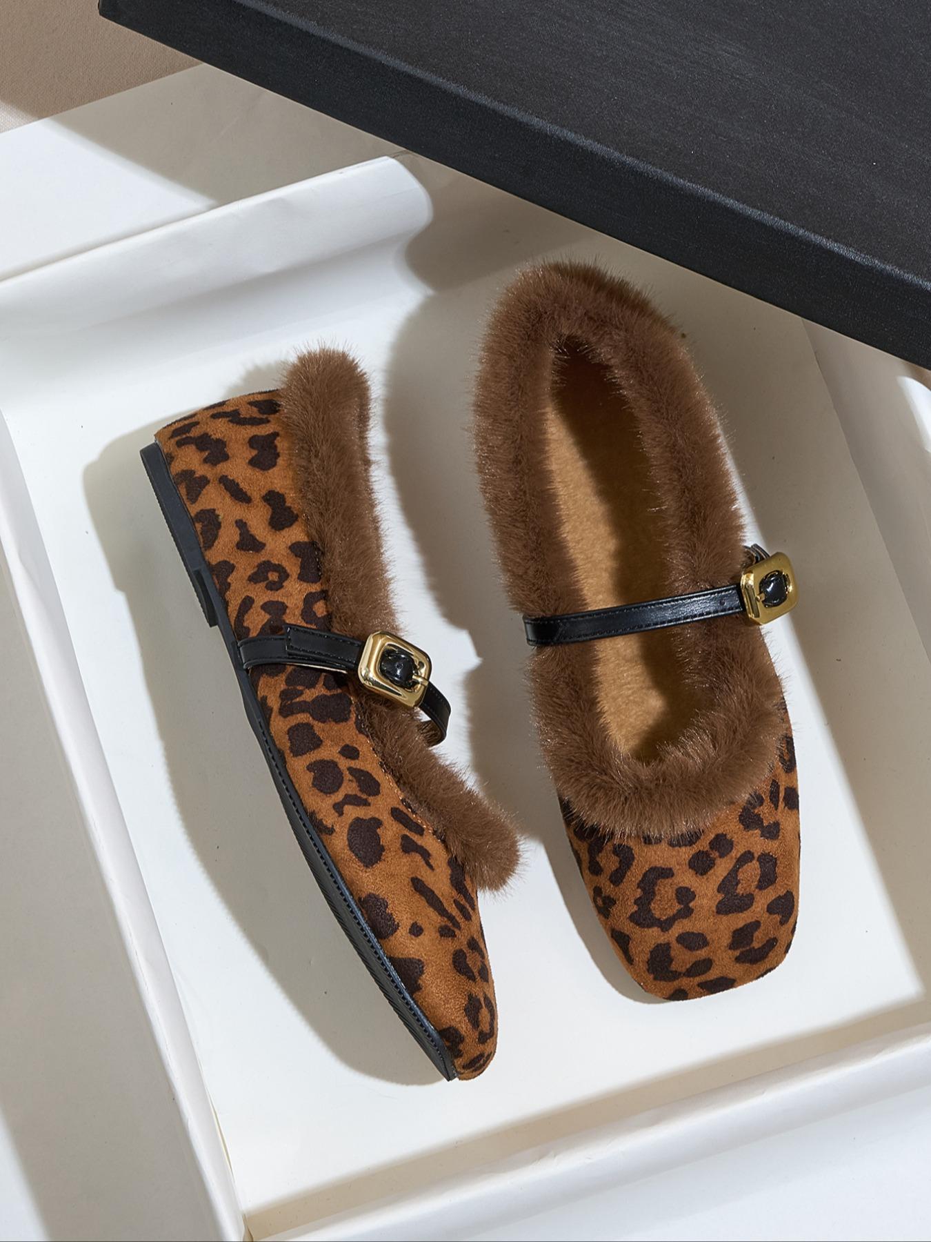 Women's Leopard Print Fur Lined Mary Jane Shoes, Vintage Square Toe Winter Boots, Warm Outdoor Soft Sole Slip-On Flats, Walking Shoes, Footwear