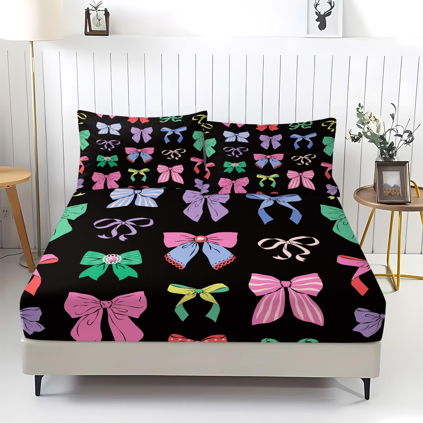 3Pcs Lovely Coquette Bow Printed Fitted Sheet Set, Sweet Y2K Style Bed Sheet Set, Soft Wrinkle-Resistant Microfiber, Vibrant Digital Print, Deep Pocket Design, Ideal for Girls Bedroom, Dorm & Guest Room All-Season Decor - No Filling