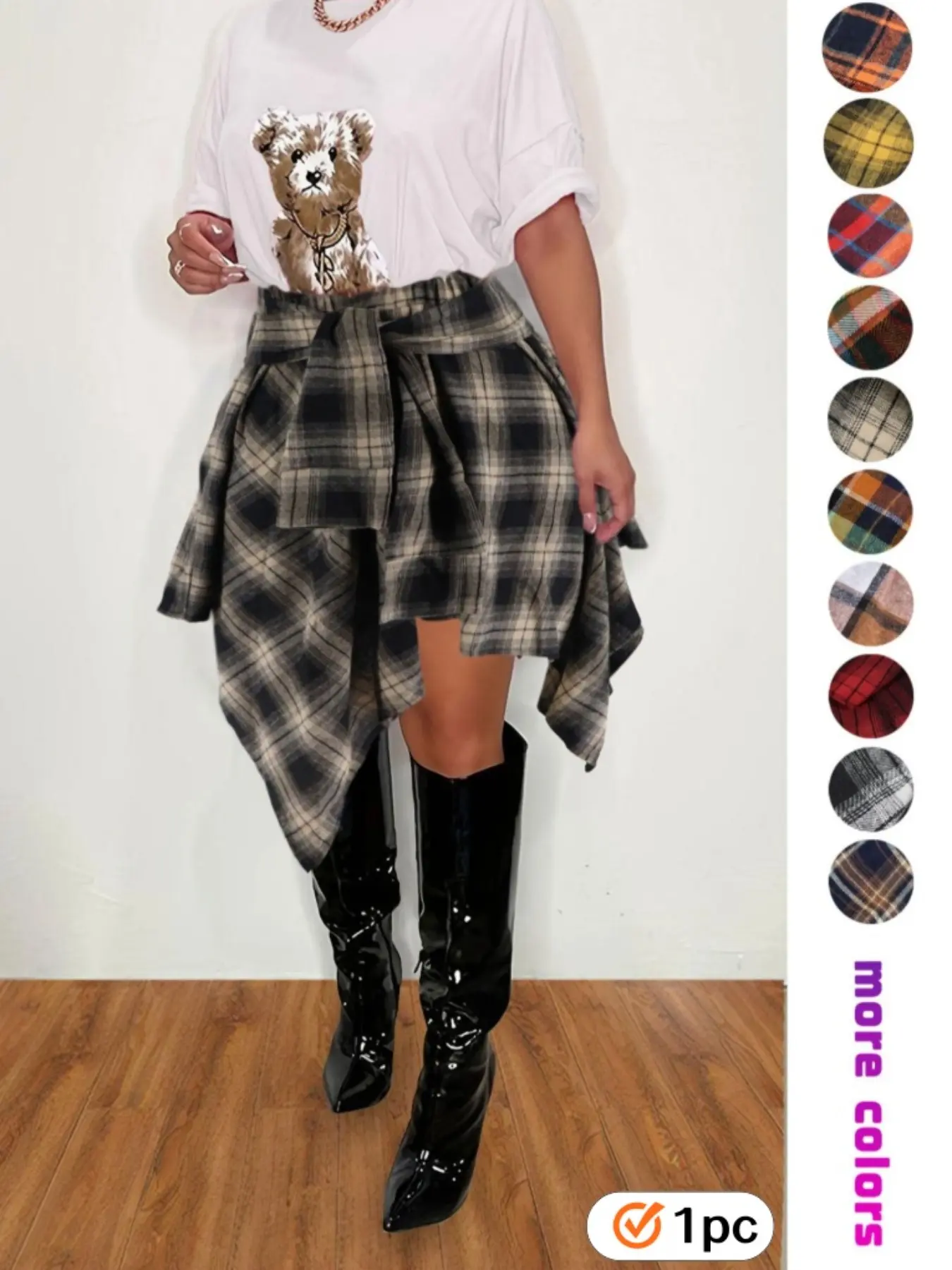 Women's Fashion Plaid Print Asymmetrical Hem High Waisted Skirt, Summer Clothes Women Casual Elastic Waist Tiered Layer Knee Length Skirt For Summer Going Out Streetwear