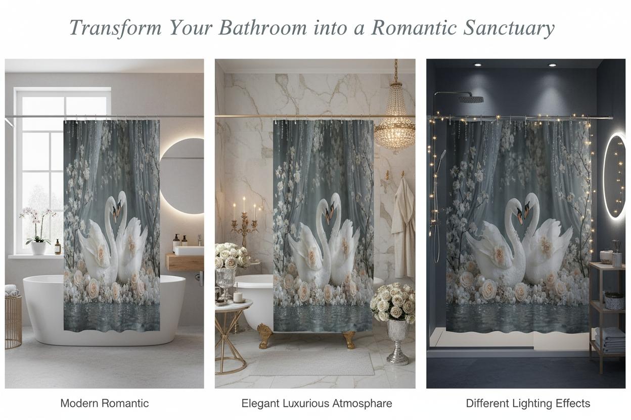 Swan Rose Bathroom Curtain, Embrace Pattern Shower Curtain, Fresh Natural Style Privacy Screen, Home Bath Decor, Includes Hooks