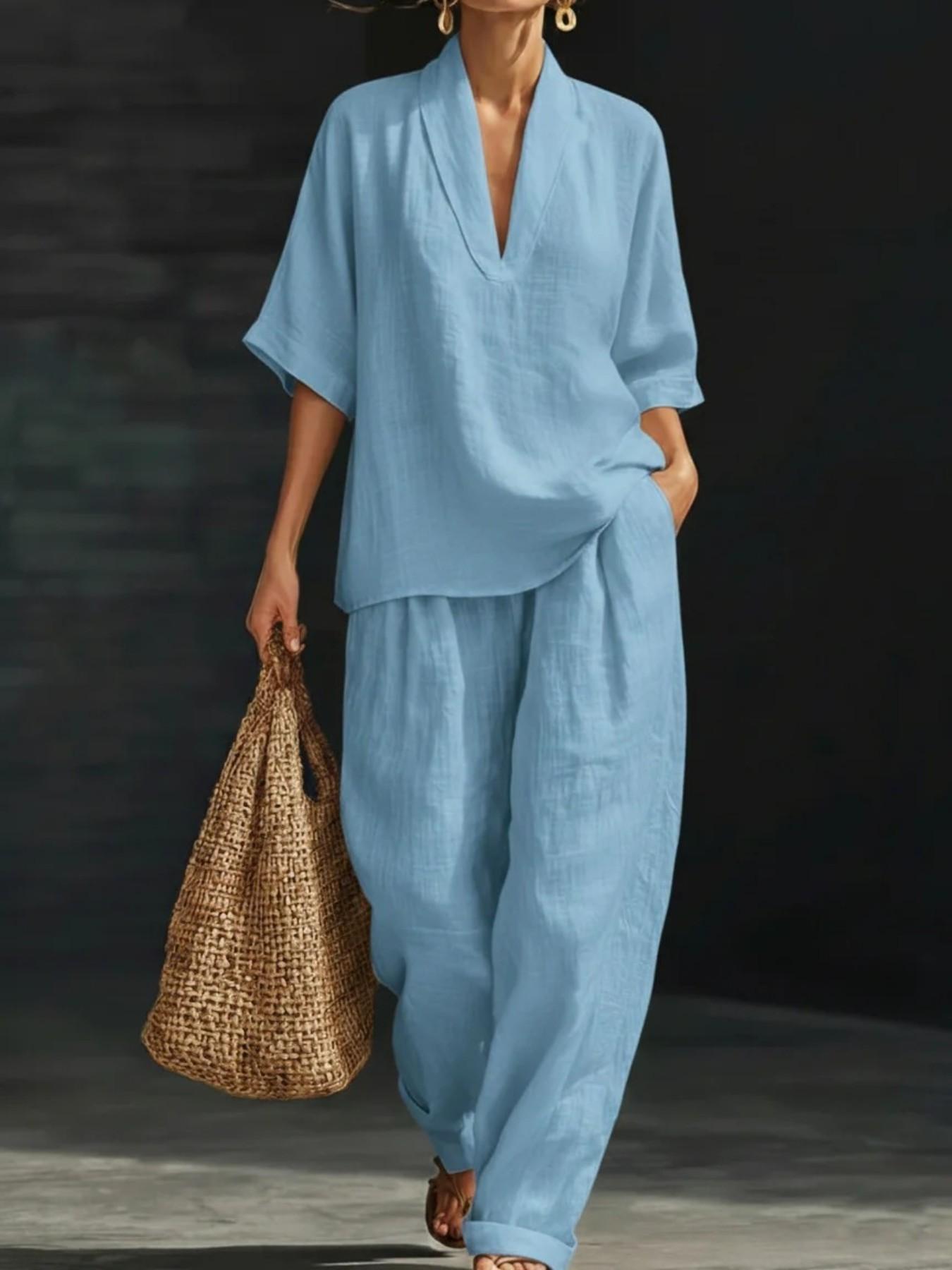 French Linen V-Neck Set for Women, Summer Loose Five-Finger Sleeve Wide Leg Pants, Lazy Style Vacation Casual Two-Piece Set Womenswear