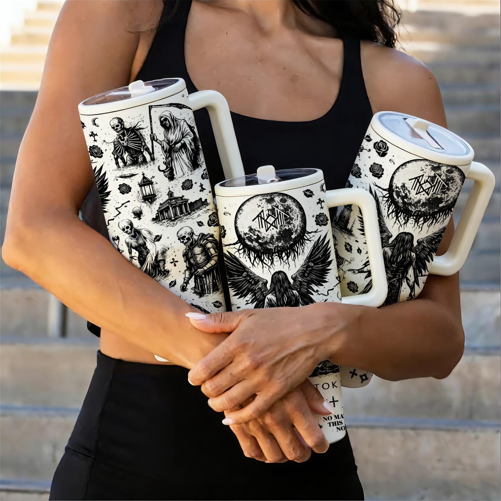 40oz Dark Angel Gothic Tumbler, Black White Rock Art Insulated Mug with Handle and Straw, Unique Statement Cup, Perfect Gift for Rock Fans, Metal Music Lovers and Alternative Style Friends