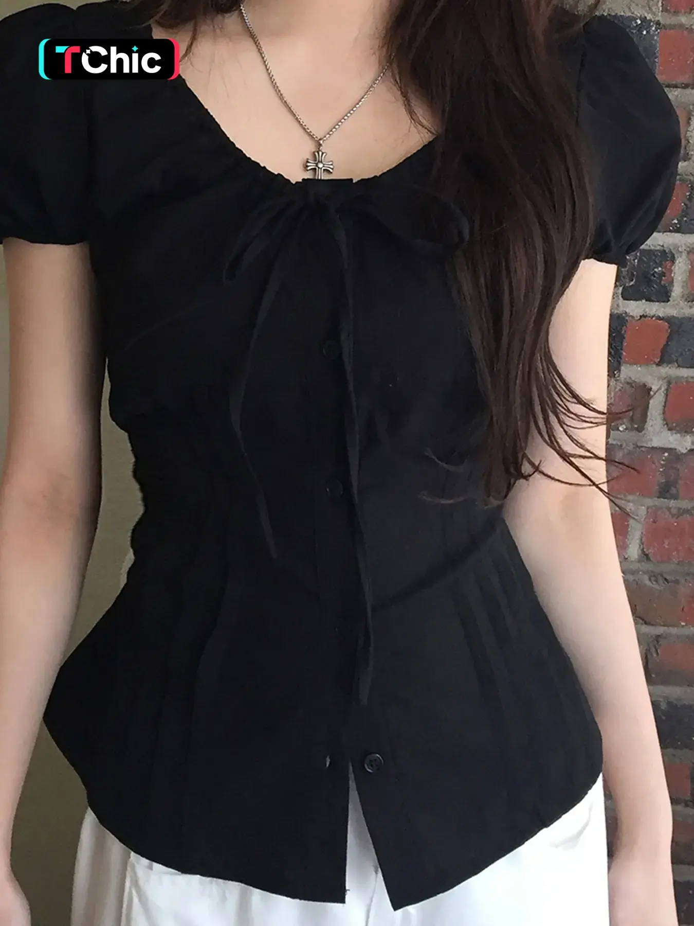 Sweet Pure Desire Ruffled Square Neck Pleated Slim Fit Shirt Blouse for Women, Tie Front Single Button Accordion Pleats Button Front Frill Summer Short Sleeve Top Casual Button Up Blouse Shirts Womenswear