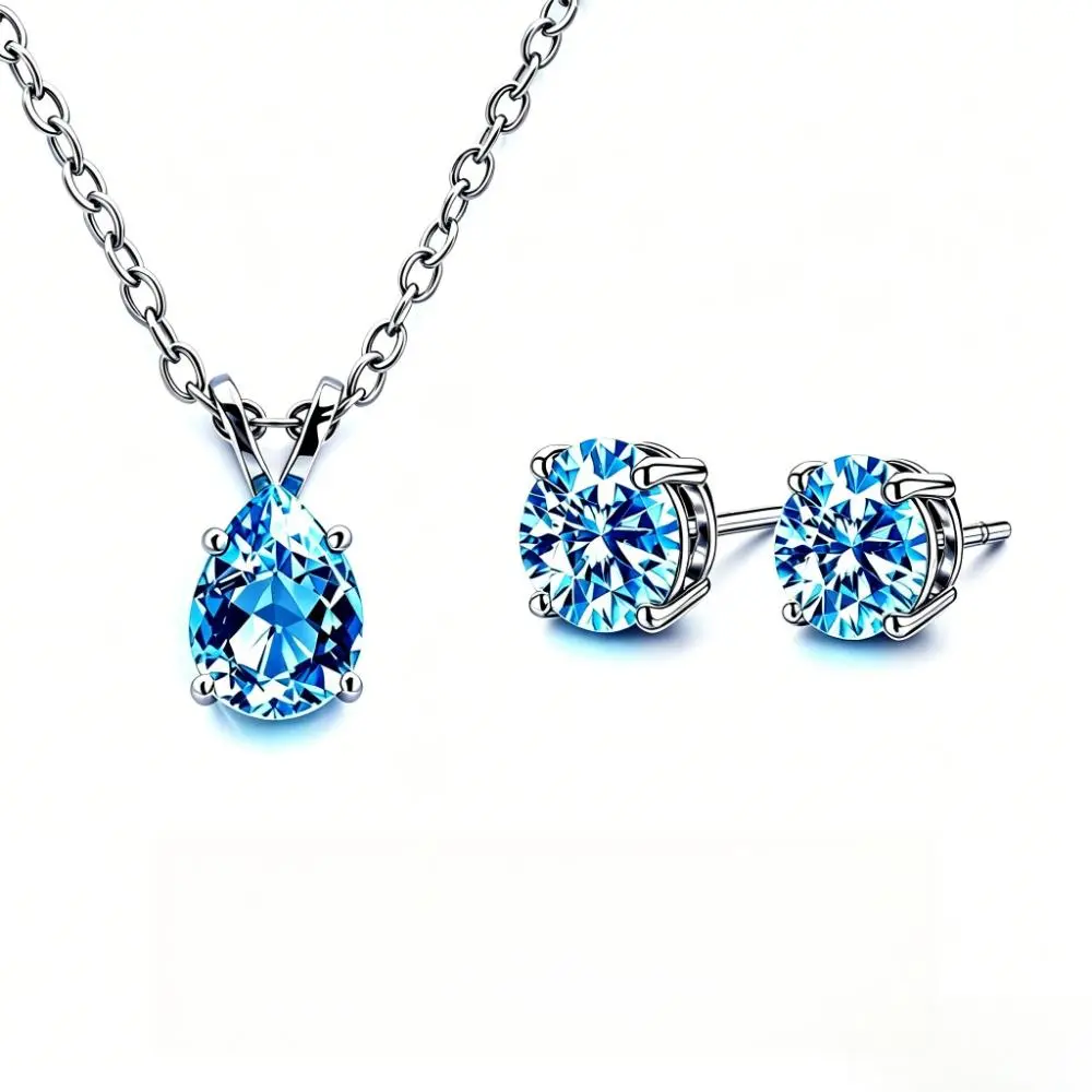 A blue water-drop-shaped pendant necklace, paired with a blue four-pronged ear ring set. Exquisite accessories, the perfect gift for your beloved one.