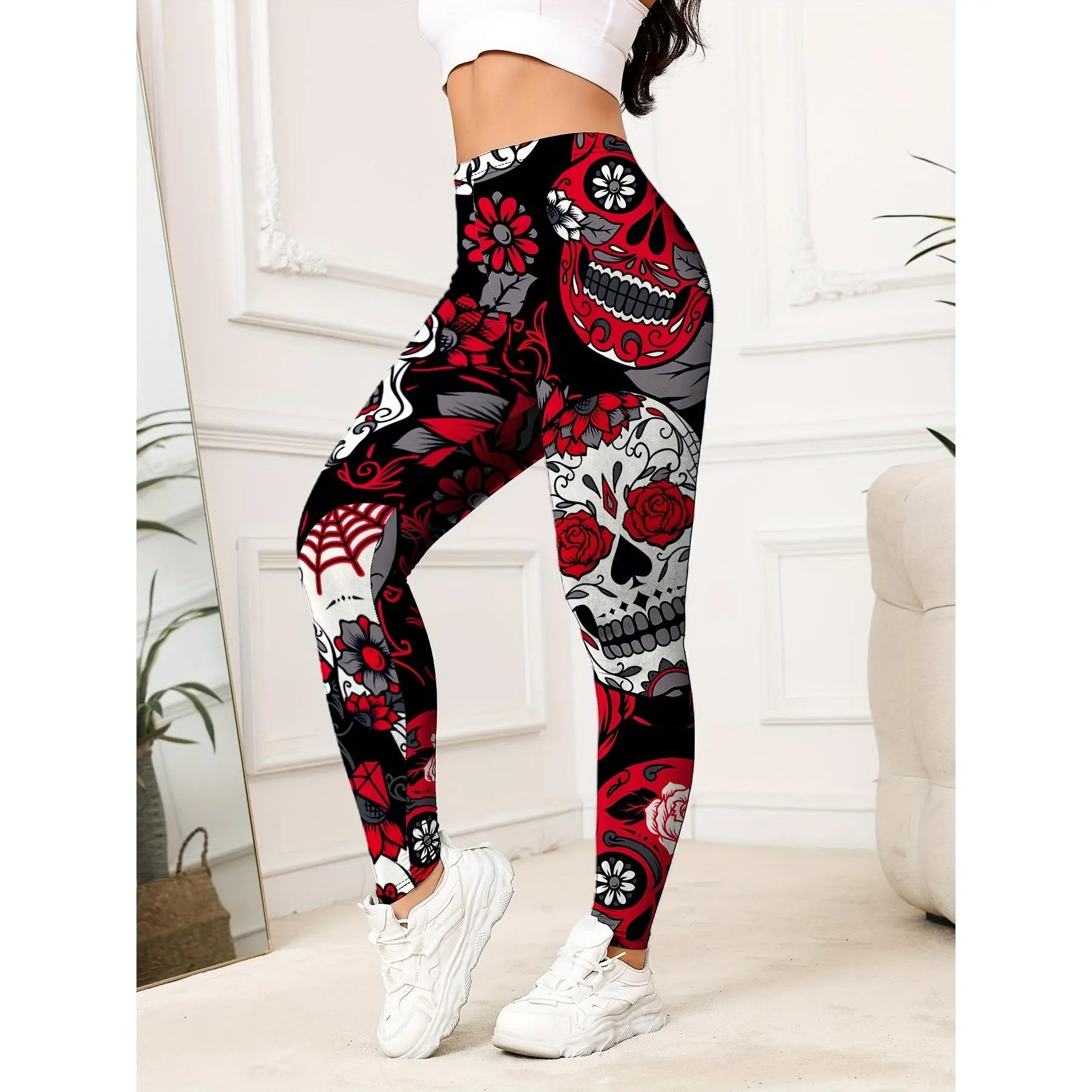 Women's Halloween Skull Print Yoga Gym Pants - Outdoor Running Capri Compression Pants