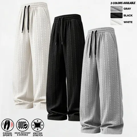 Men's Cable Knit Wide Leg Sweatpants, Adjustable Drawstring Elastic Waist, Side Pockets, Loose Draping Wide Leg Trousers, Soft Knitted Stretch Fabric, Multiple Colors Available, Ideal for Casual Sports, Streetwear and Loungewear