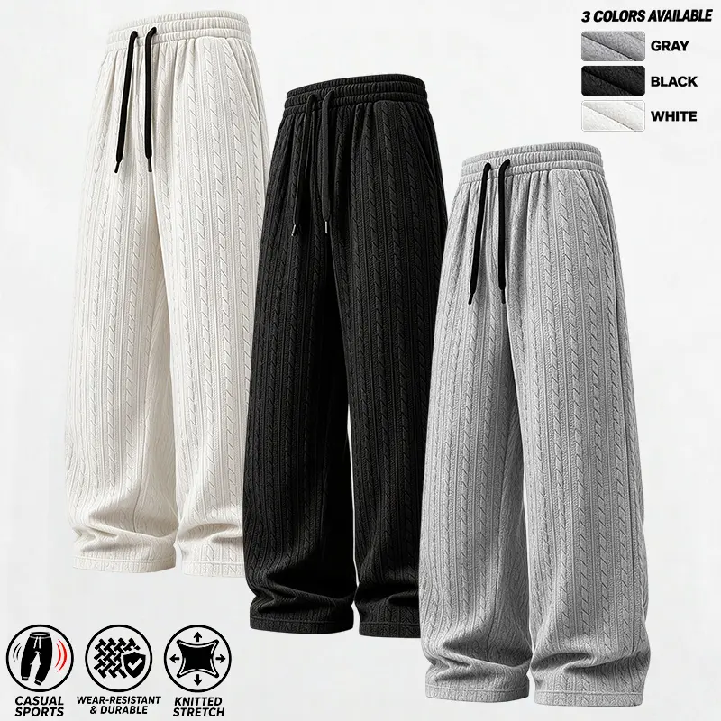 Men's Cable Knit Wide Leg Sweatpants, Adjustable Drawstring Elastic Waist, Side Pockets, Loose Draping Wide Leg Trousers, Soft Knitted Stretch Fabric, Multiple Colors Available, Ideal for Casual Sports, Streetwear and Loungewear