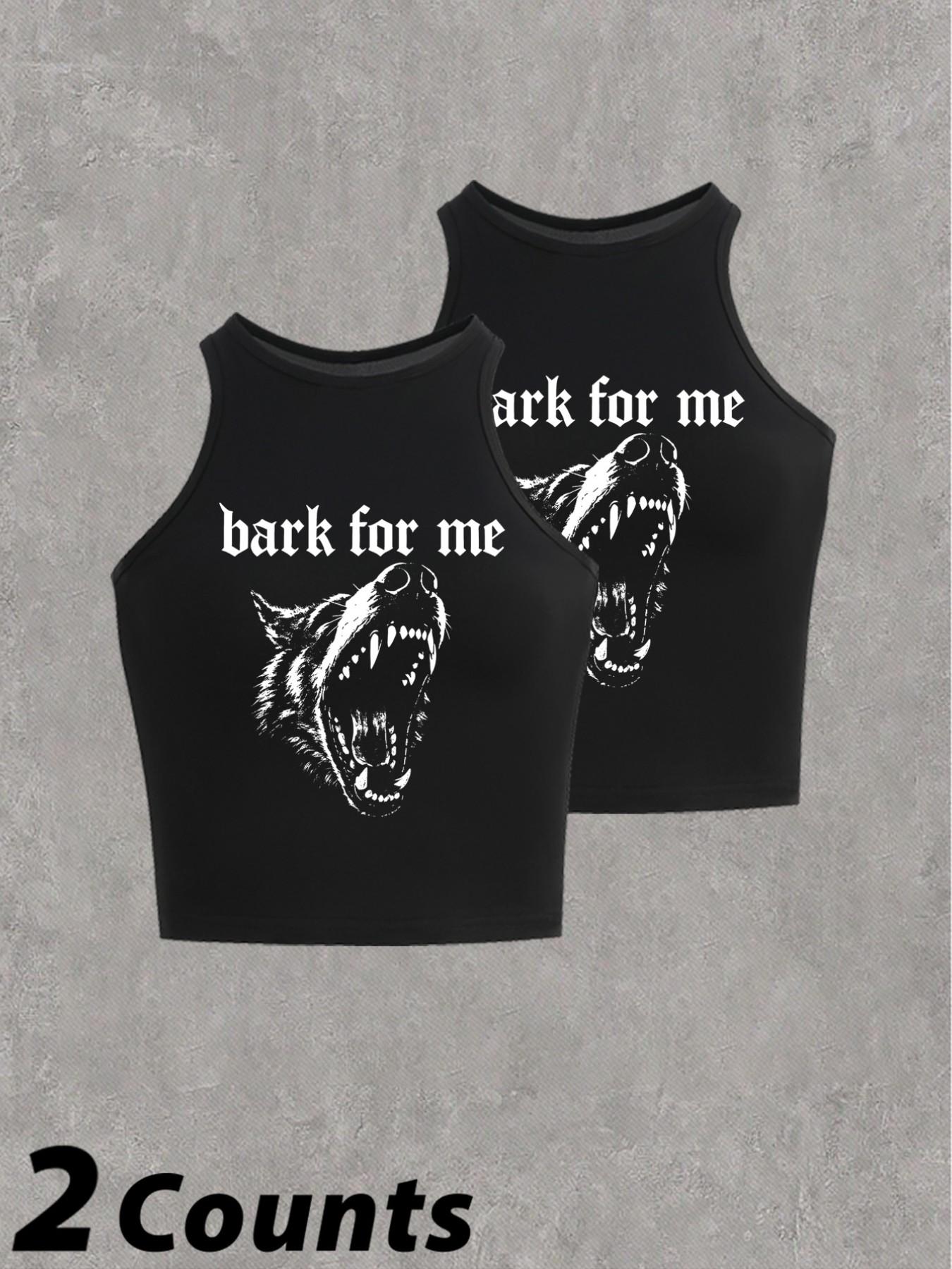 Women's 'bark for Me' Wolf Pattern Tank Top, Y2K Street Style, Gothic Sleeveless Shirt, Loose-Fitting, Multiple Colors Available