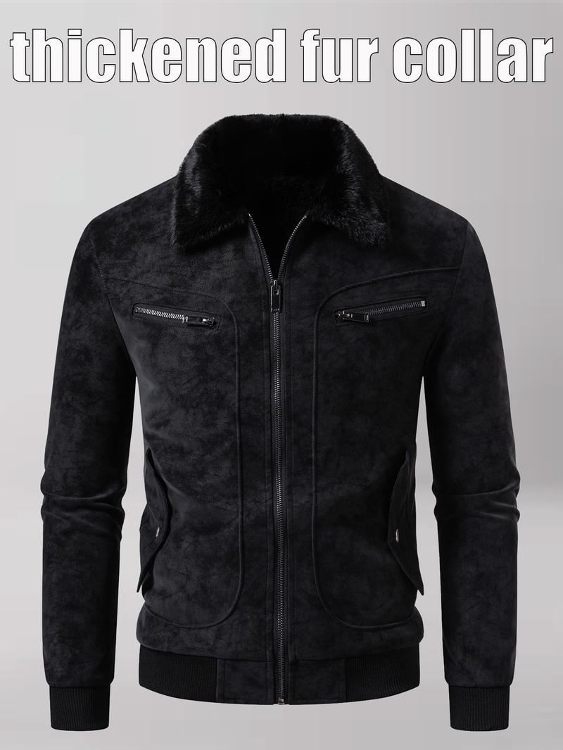 Men's Winter Velvet Jacket, Fleece Lined Thick Fur Collar, Vintage Lapel Multiple Pockets, Warm Motorcycle Coat
