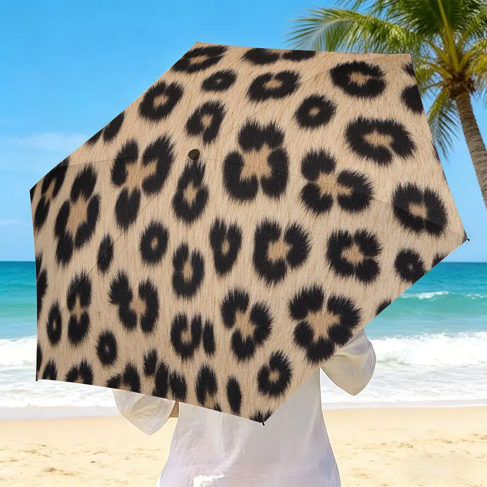 Mini Folding Umbrella with Leopard Print Texture, Five-Fold Design, Durable Six-Rib Structure, Lightweight and Portable, Ideal for Travel and Gifts