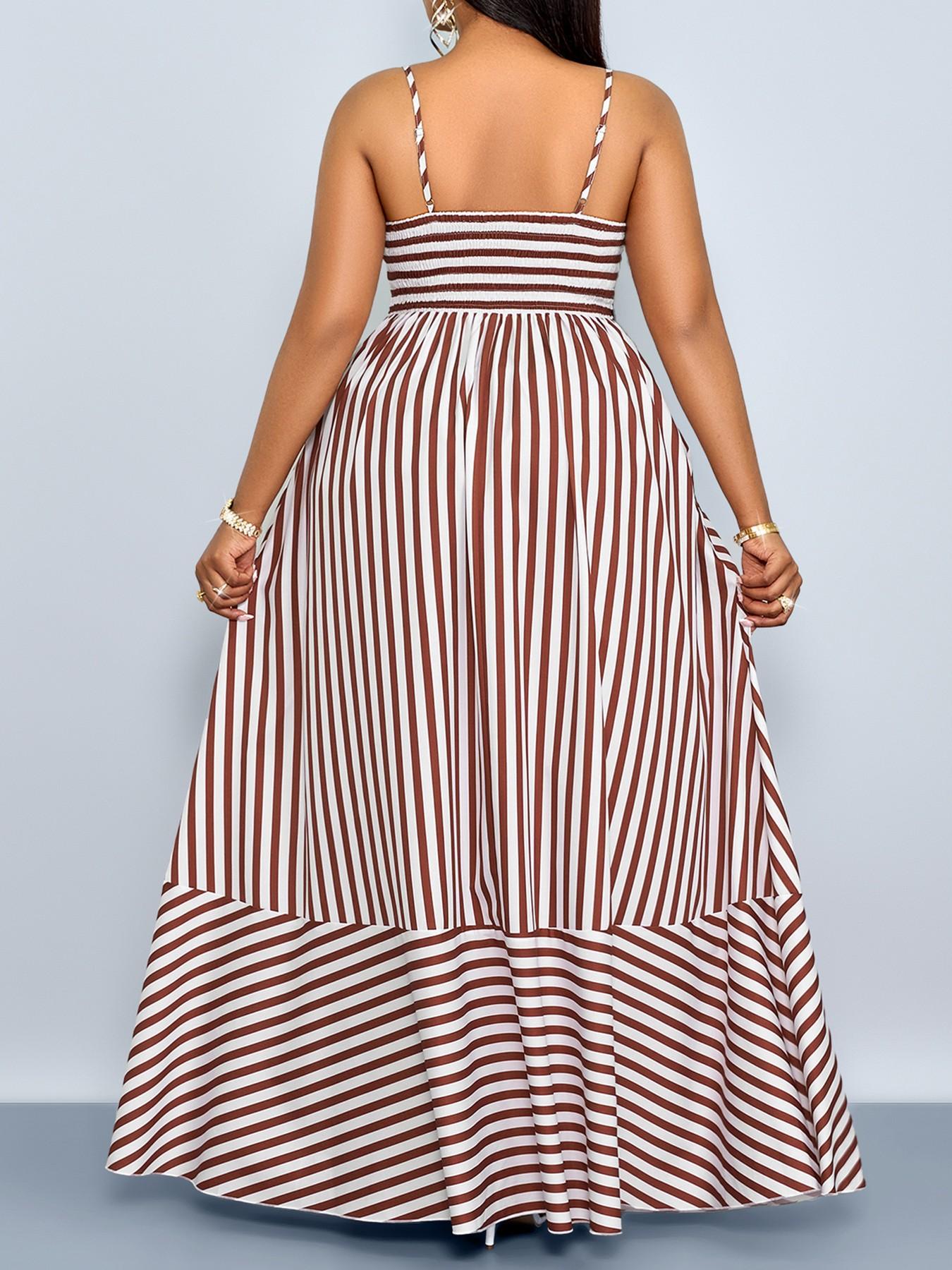 Summer Casual Elegant Striped Women's Plus Size Dress, Thin Strap off Shoulder Waist Cinching Pockets, Perfect for Vacation Beach Commuting, Casual Wear