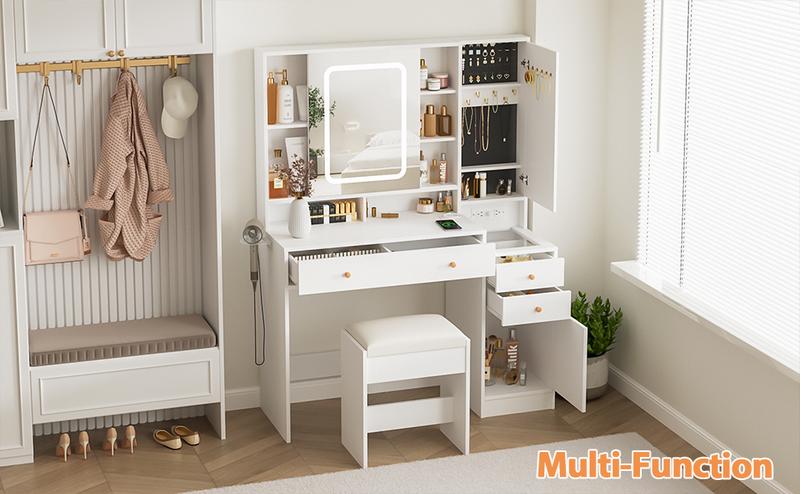 Vabches White Vanity Desk with Mirror and Lights, Vanity Table Makeup Vanity with Lights 3 Drawers and Cabinets