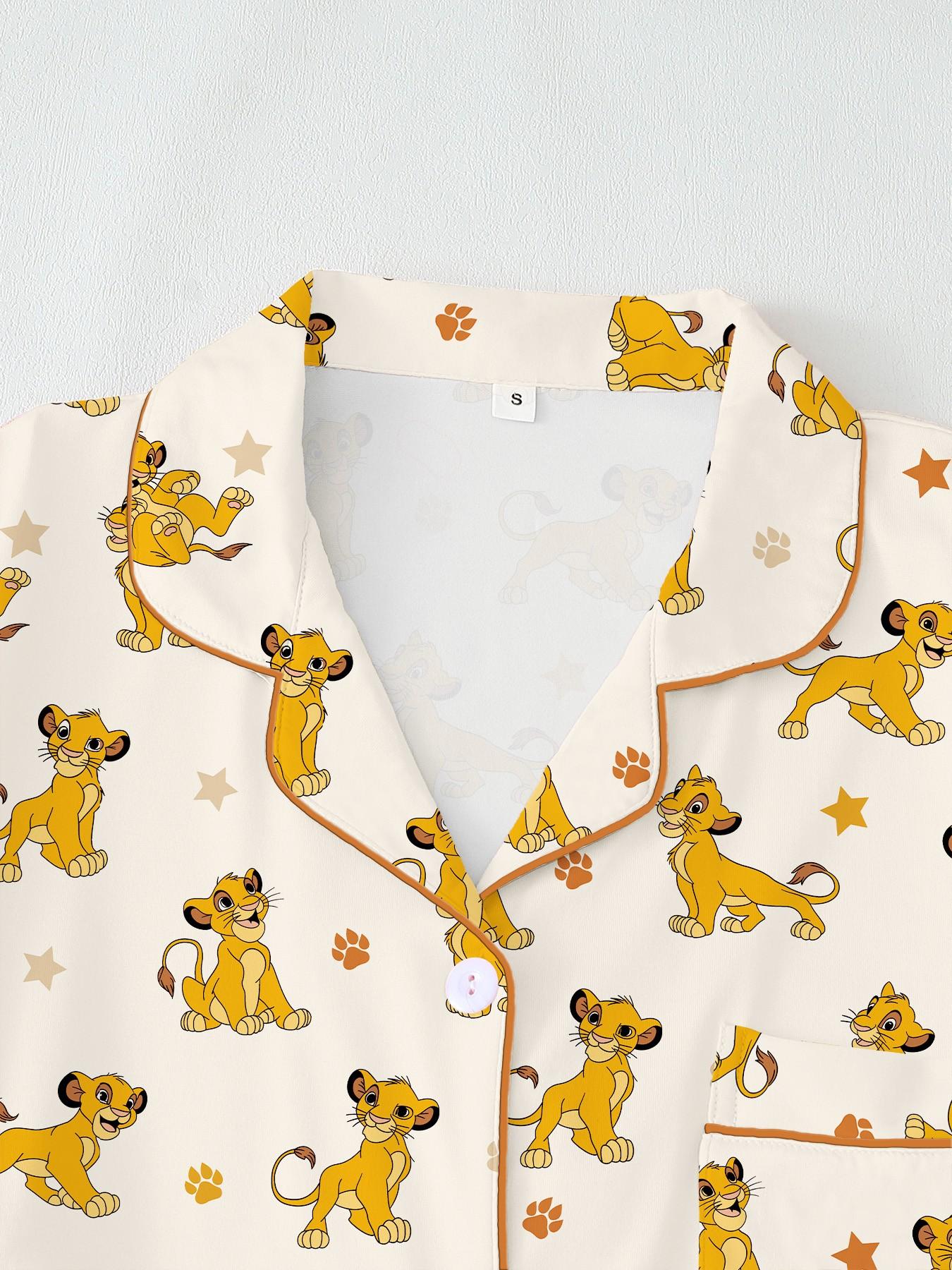 Adorable Lion Print Women's Pajama Set, Comfortable Two-Piece, Short Sleeve Button-Up Top & Elastic Shorts, Casual Home Wear, Loungewear, Party Gift
