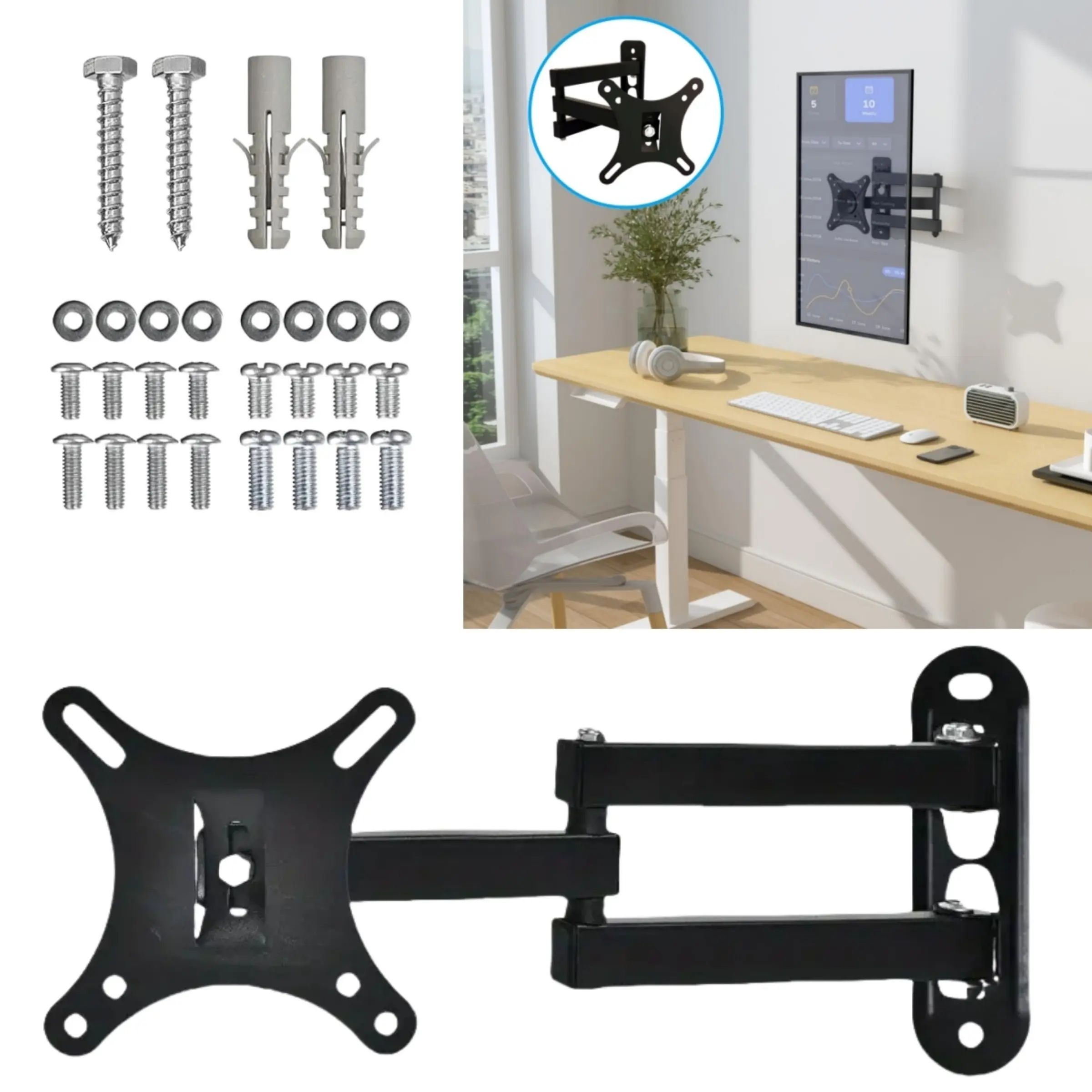 Full Motion TV Wall Mount, Rotatable and Tiltable TV Stand, Compatible with 10-27 Inch LED LCD Tvs, Max Load 28 Lbs