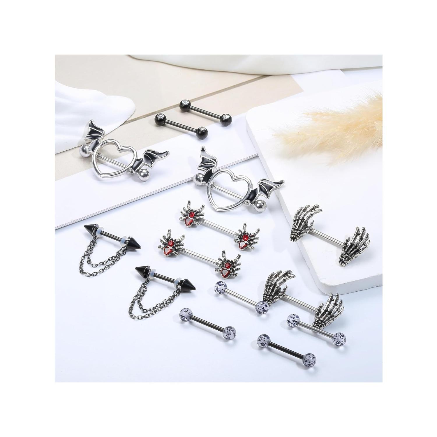 7 Pairs 14G Nipple Rings 316L Surgical Steel Nipple Piercing CZ Heart Butterfly Barbell Tongue Rings Set Cute Nipple Tongue Piercing Jewelry for Women Body Jewellery