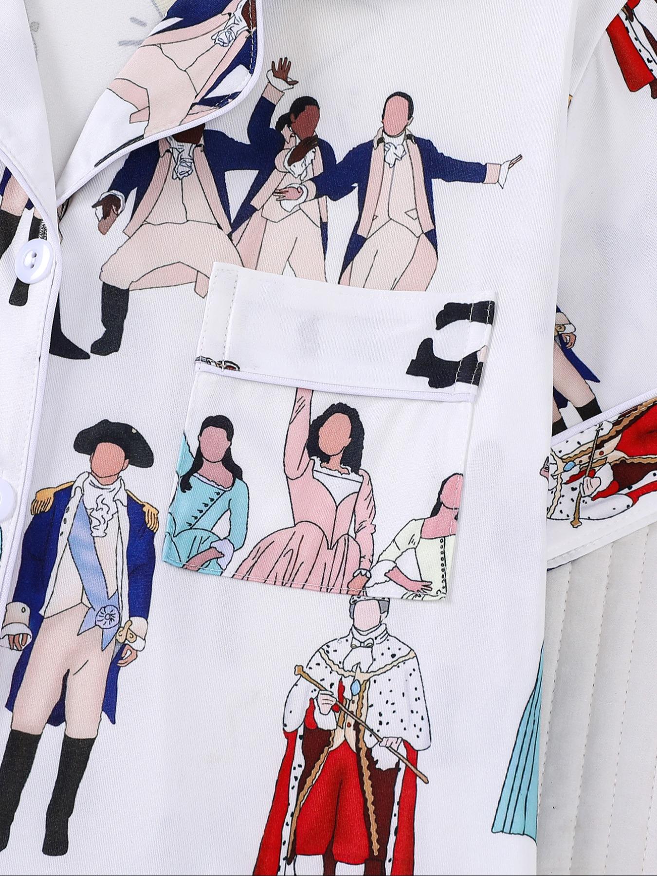 Hamilton Musical Themed Women's Pajama Set, Short Sleeve Shirt Collar Button Soft Top & Elastic Shorts, Casual Home Wear