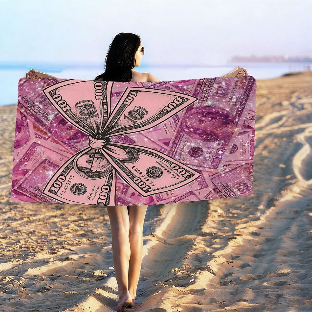 Printed Microfiber Beach Towel - Luxury Pink Dollar Bow Aesthetic Beach Towel - Soft & Absorbent Digital Print Microfiber Bath Towel for Pool, Travel, Yoga, and Vacation - Lightweight Multipurpose Oversized Towel for Summer Beach Days and Home Decor.