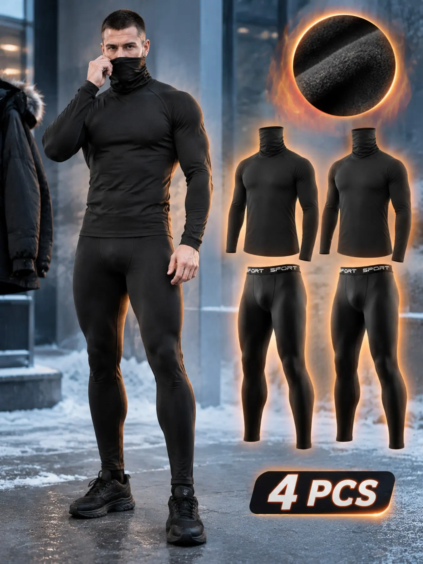 4-Piece Men's Fleece-Lined Thermal Set, 2 Black Ultra High Neck Long Sleeve Tops & 2 Warm Pants, Breathable Stretch Winter Sportswear for Gym, Running, Outdoor Training, Skiing & Daily Wear Elastic Sport Underwear