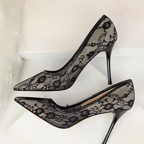 Women's Mesh Hollow Contrast Lace Pointed Toe Stiletto Heels, Fashion Elegant Dress Formal Shoes, High Heel Pumps, Classy Stiletto, Fashionable Party Shoes, Evening Style Shoes