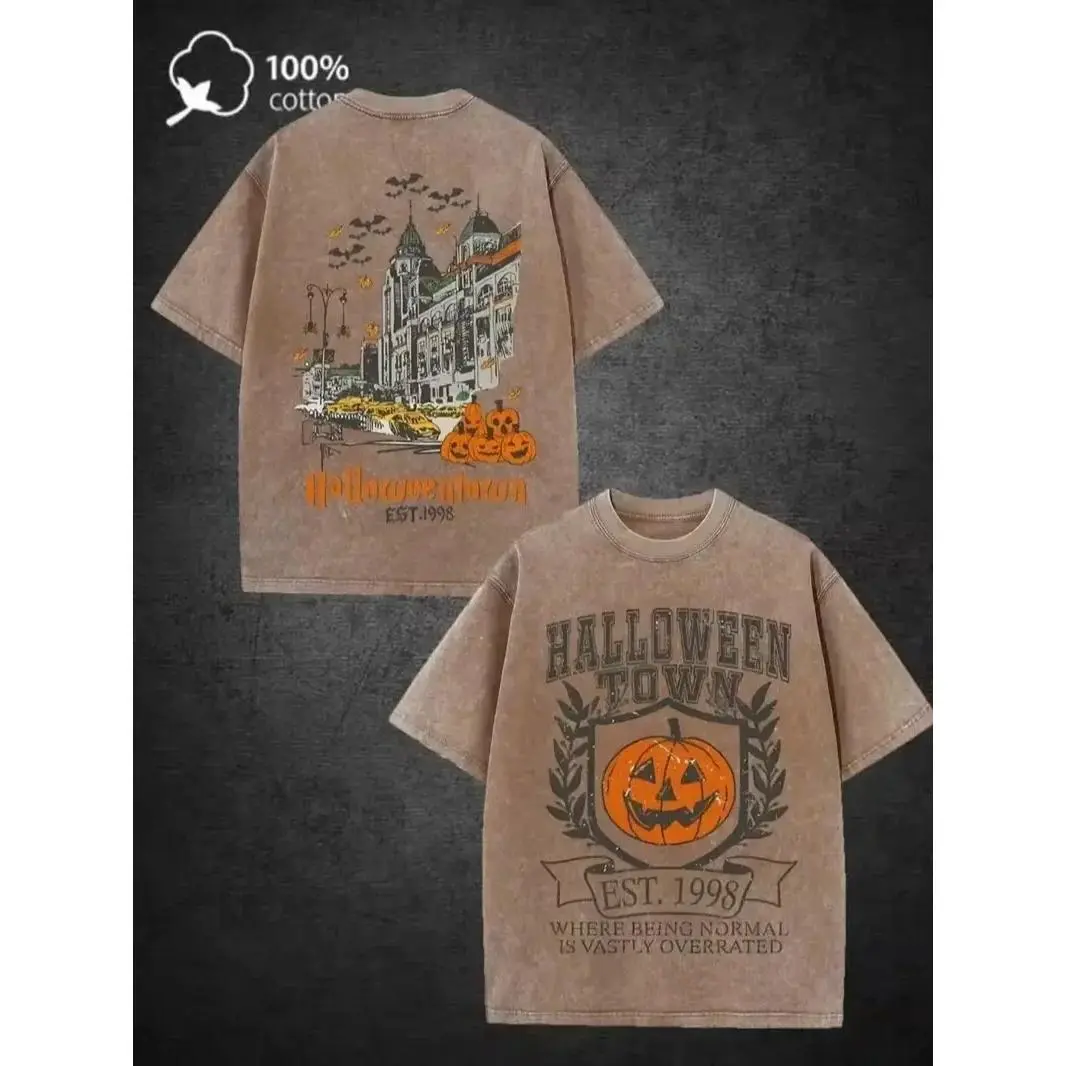 Vintage Washed Halloween Pumpkin Jack Light Double-Sided Graphic Tee |   230gsm Thick Cotton Crew Neck Short Sleeve Top, Retro Nostalgic Outfit For Halloween Party, Machine Washable Daily Streetwear for Men Women
