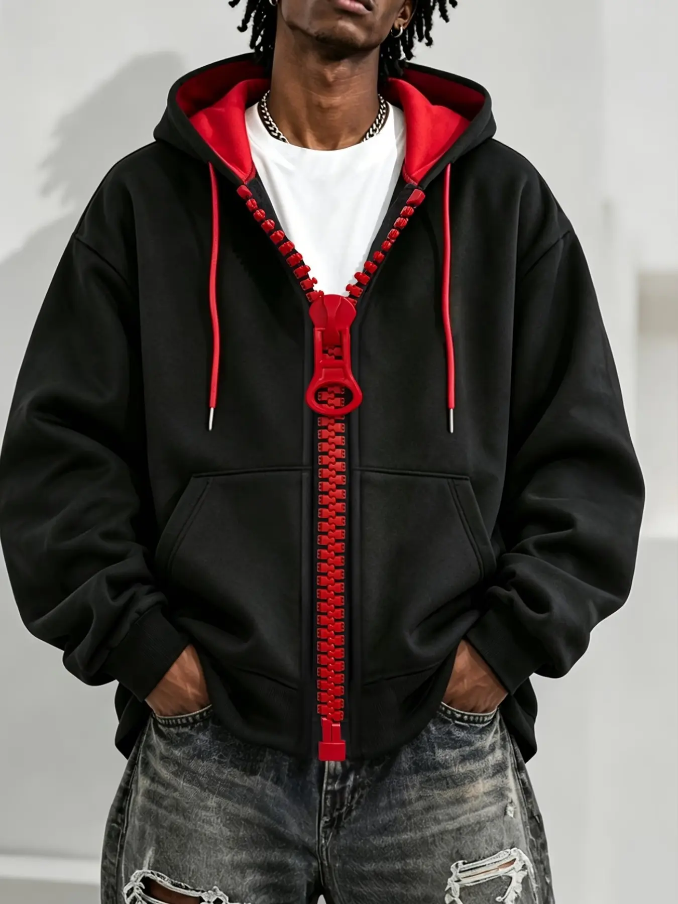 High Street Style Casual Colorblock Zipper Hoodie, Boys' Black Red Lining Loose Kangaroo Pocket Jacket, Trendy Fitted Graphic Sweatshirt