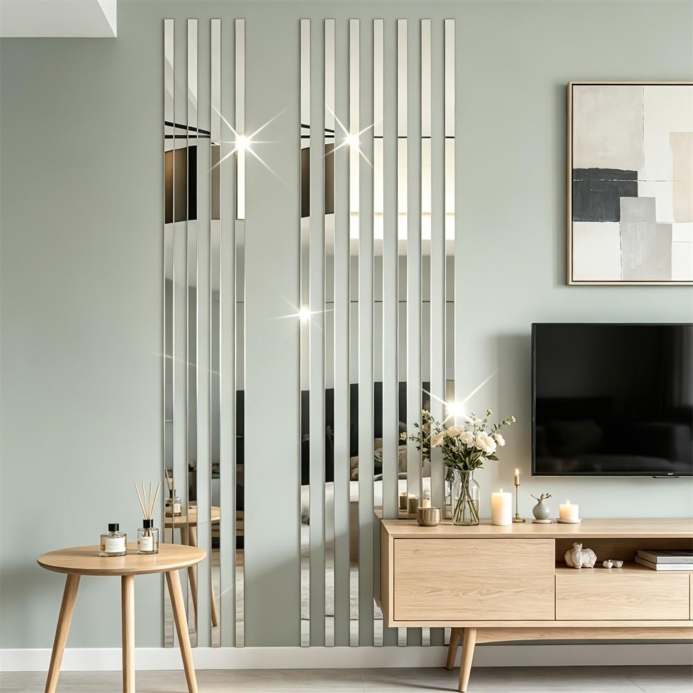 16 piece set, silver long acrylic mirror wall sticker, 5X50Cm self-adhesive waistline decorative strip, easy to install without drilling, suitable for fashionable decoration, living room, bedroom, ceiling frame, TV background wall filling sticker