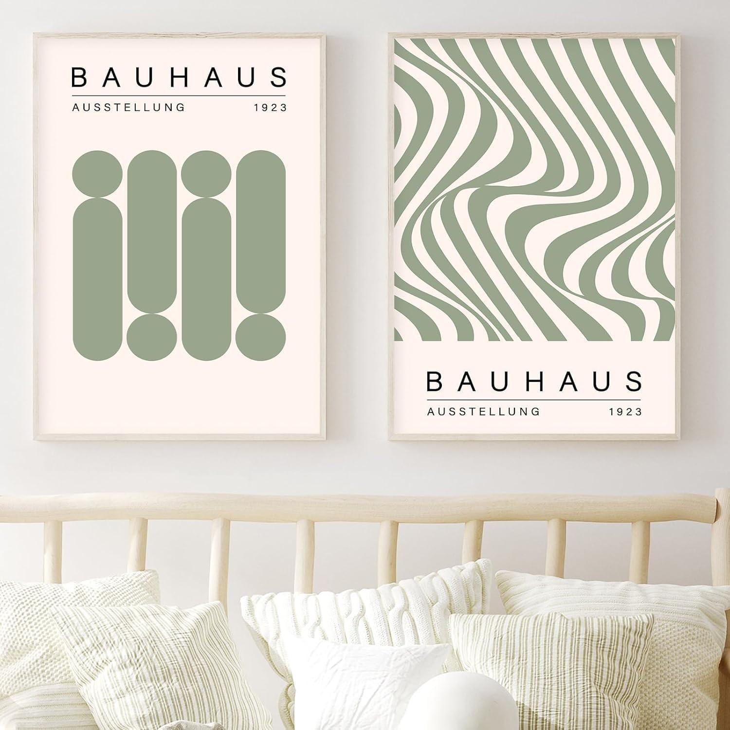 3pcs/set Geometric Line Wall Art Bauhaus 1923 Poster Sage Green Abstract Paintings Mid Century Modern Artwork Bauhaus Exhibition Poster Abstract Shape Prints Boho Modern Picture for Livingroom Unframed