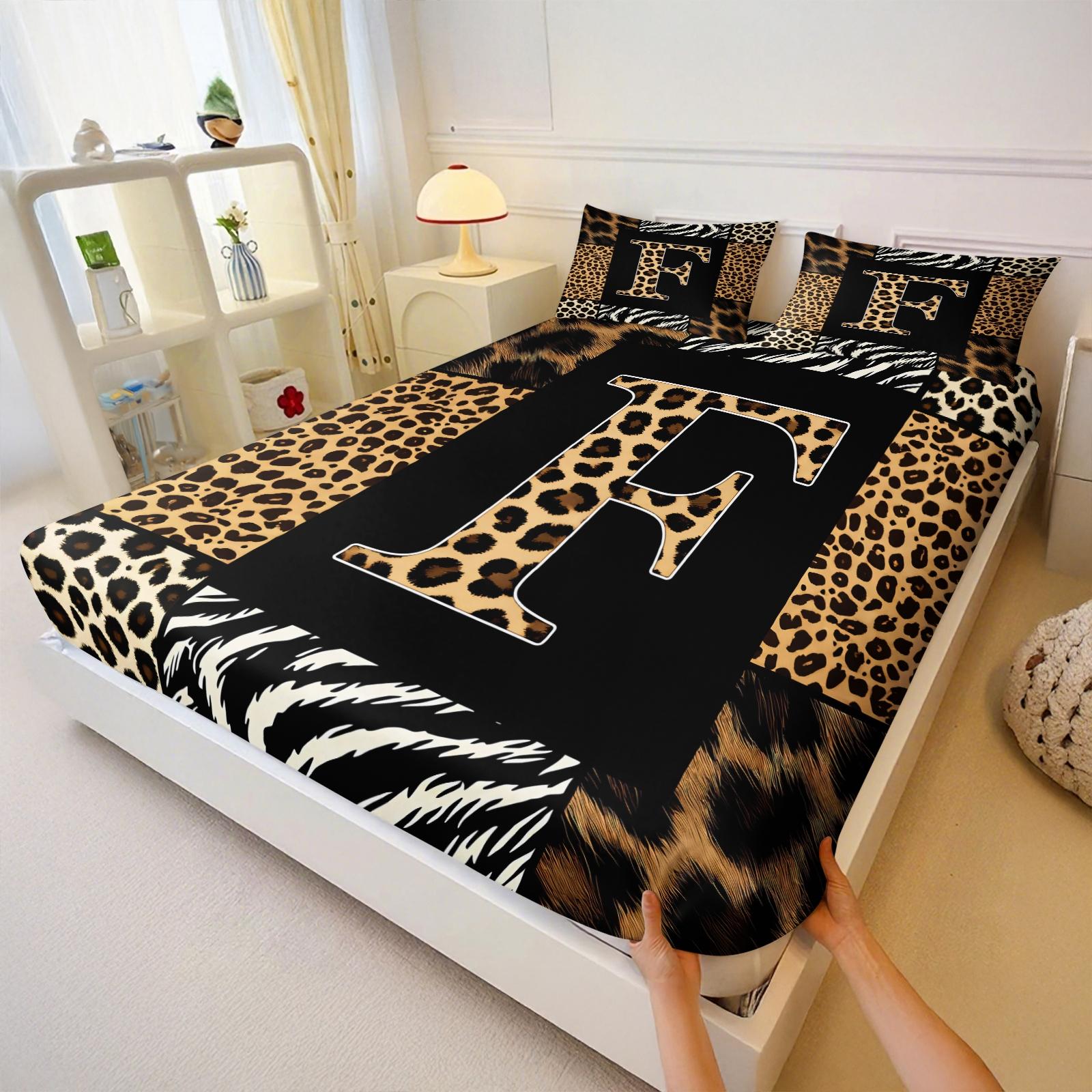 3Pcs Trendy Wild Leopard Zebra Patchwork Letter A-Z Fitted Sheet Set No Fillers, Animal Print Bed Sheet Set, Stylish Modern Bedding Set with Pillowcases, Deep Pocket Bedding for Women Girls Bedroom Decor