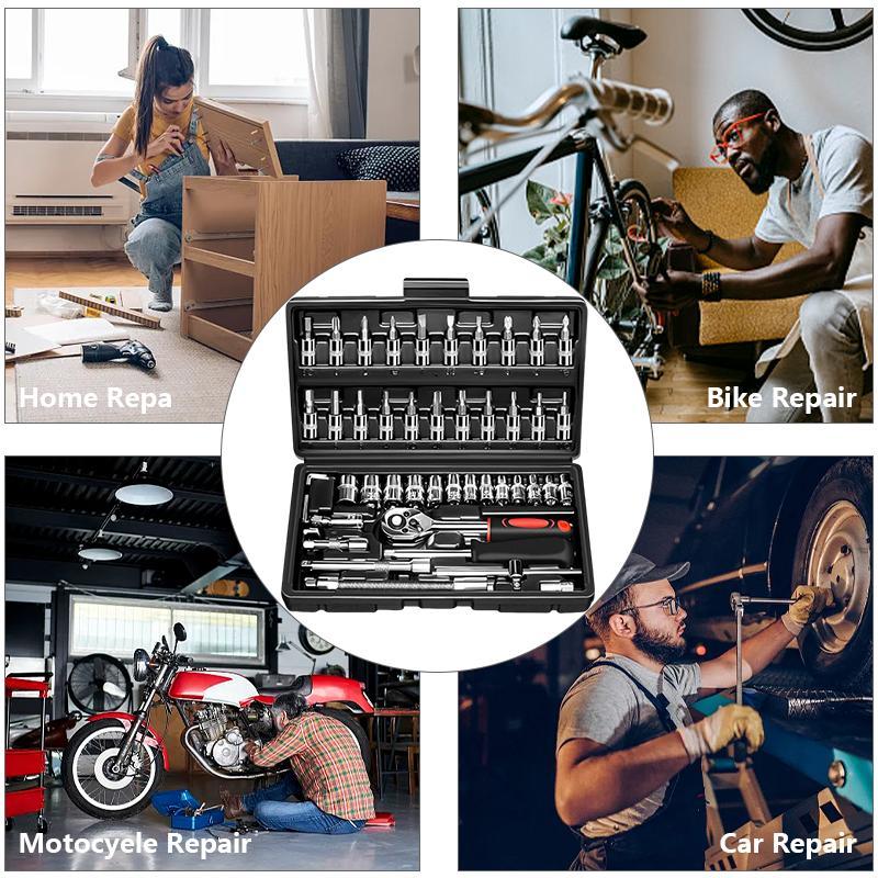 46Pcs Wrench Set with Socket Kit, manual toolboxes for car and mechanical maintenance, Includes Ratchet Set, Storage Case, Drill Socket & Extension - Durable Stainless Steel Tools for Home and Auto Repair