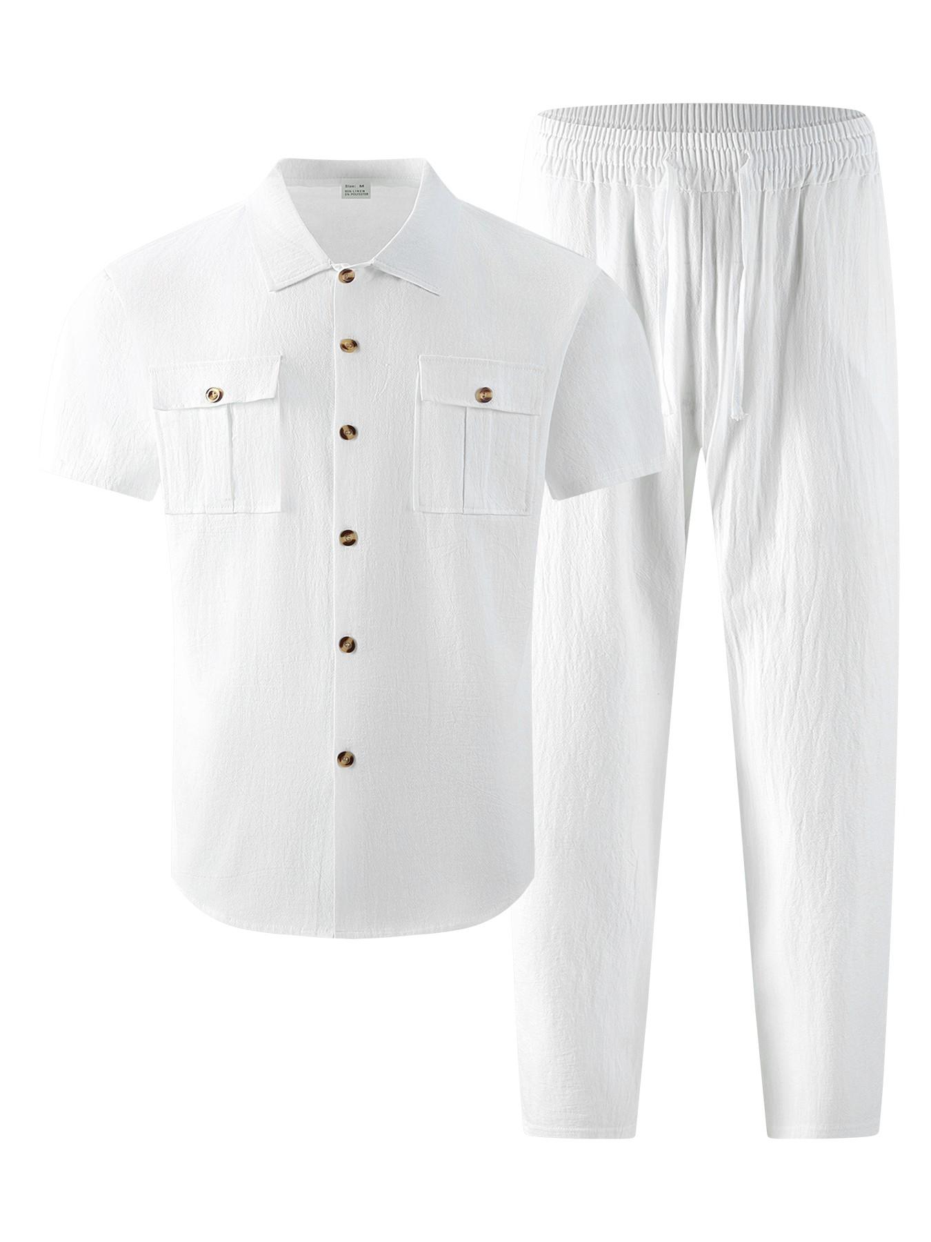 Summer Linen Style Men's Casual Short Sleeve Shirt and Long Pants Set, Resort Wear Set, Breathable Loose Fit Two-Piece, Drawstring Waist, Ideal for Vacation and Daily Wear Clothes, Clothing Sets, Menswear