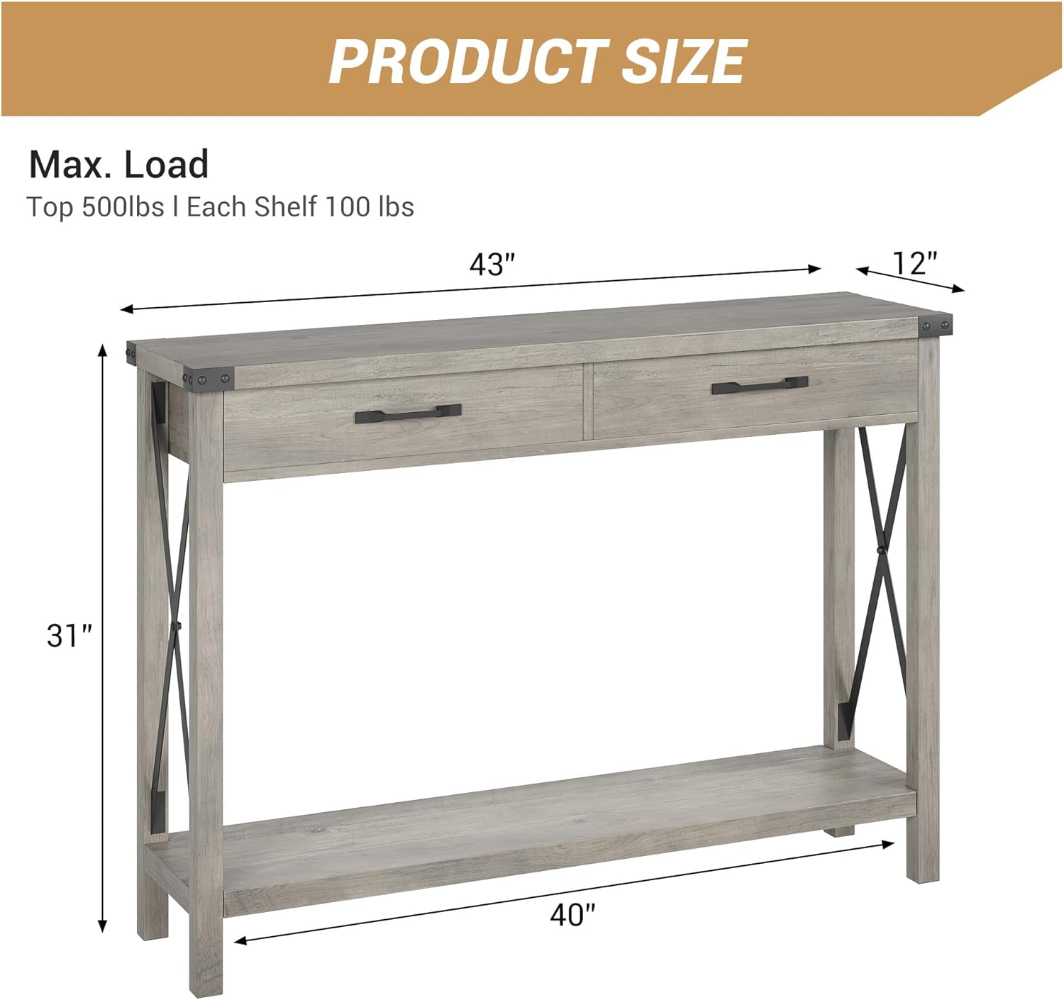 31" Industrial Console Table with Drawers and Open Shelf, 2-Tier Narrow Sofa Table for Entryway, Hallway, or Behind Couch, Rustic Grey Foyer Table for Living Room Storage
