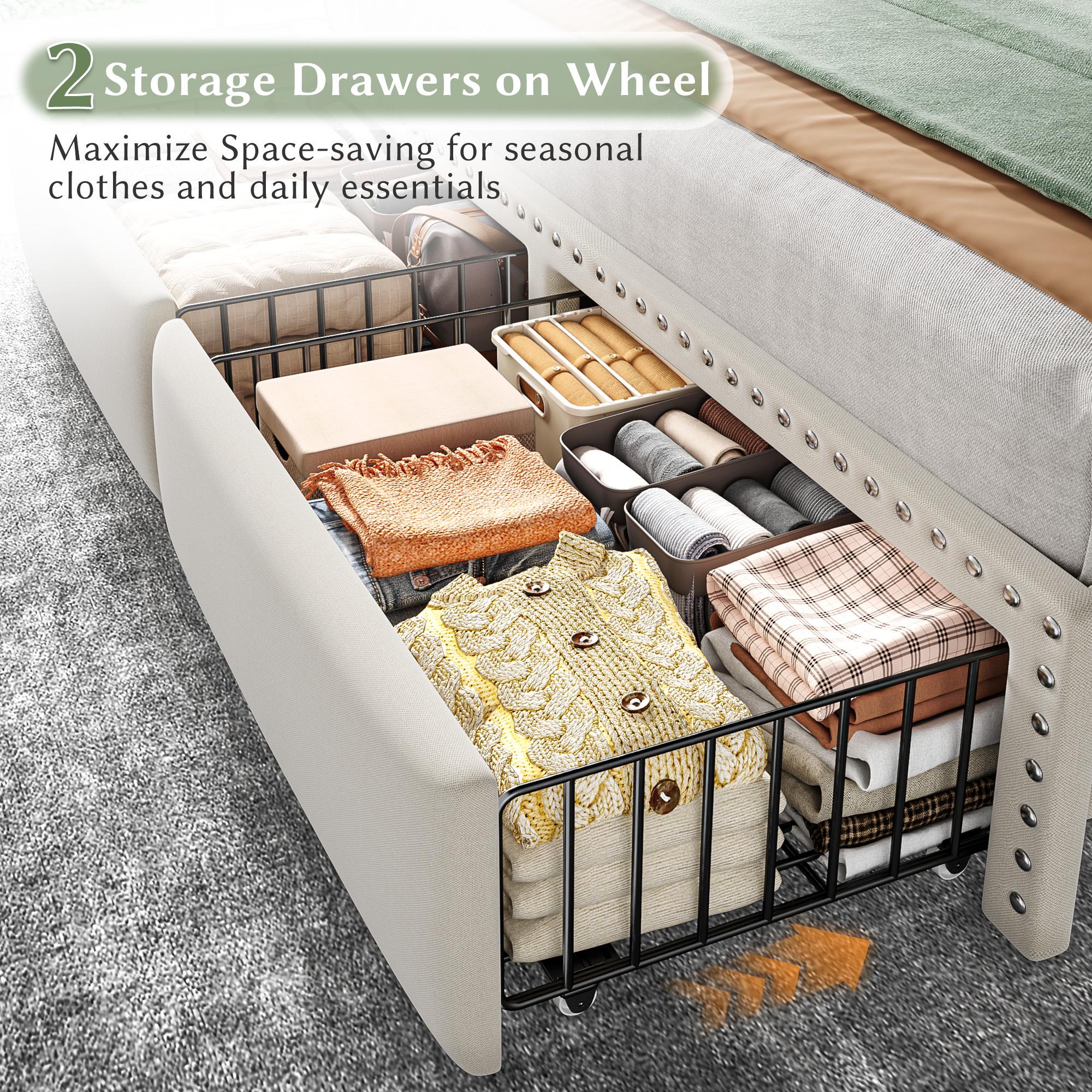 Luxury King/Queen/Full Bed Frame with Storage Shelf & 2 Drawers,NO MATTRESS, Upholstered Bed Frame with LED &Power Outlet, Holds 1000lbs, No Noise, Metal Frame & Wood Slats