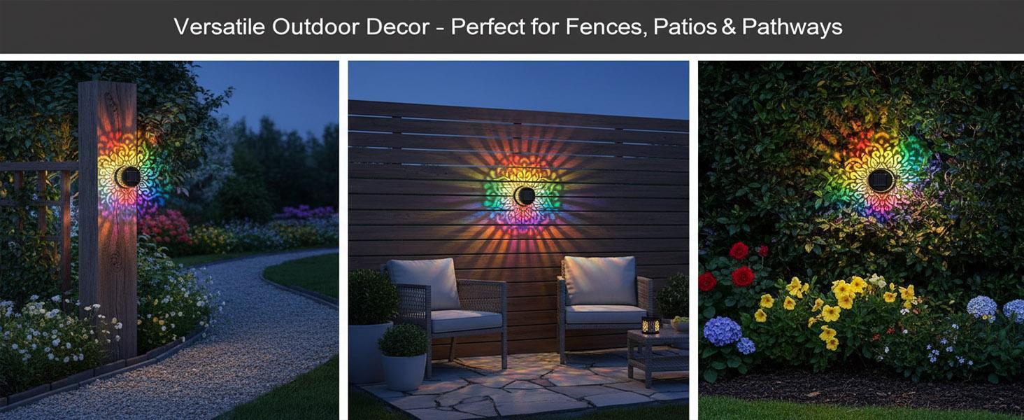 2Pcs Solar Mandala Hollow-Out Projection Wall Light – 7 Color Changing RGB, Waterproof Metal Fence Lights, Outdoor Lighting Essentials Decorative Lamps for Yard, Garden, Patio, Backyard Decor