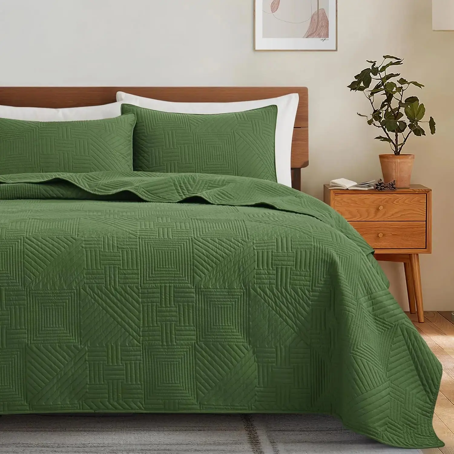 Full Size Olive Green Contemporary Embossed Polyester 3-Piece Quilt Bedding Set - Soft Geometric Bedspread, Pillow Shams, Lightweight Wrinkle-Resistant All-Season Coverlet, 3 Pieces