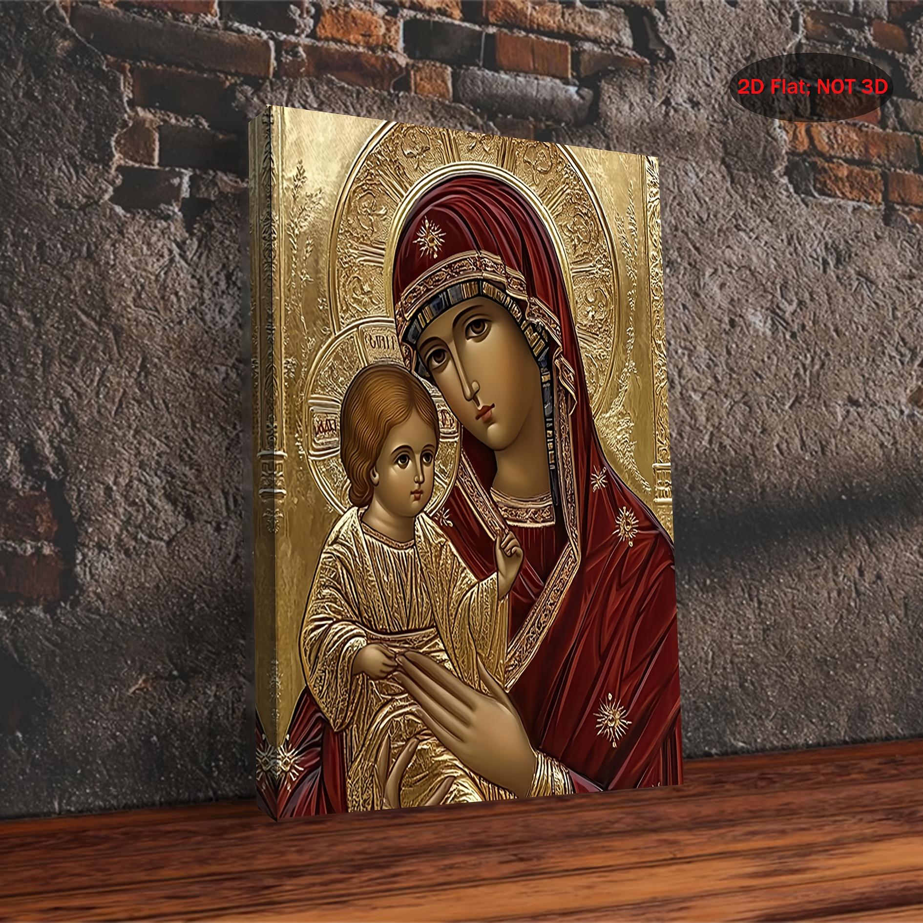 2D flat design, one Byzantine Russian Orthodox image of the Virgin Mary and Infant Christ - traditional Oriental religious art, gold background, red robe, canvas oil painting - wooden frame, home/church decoration - a spiritual gift for Christmas, Easter,