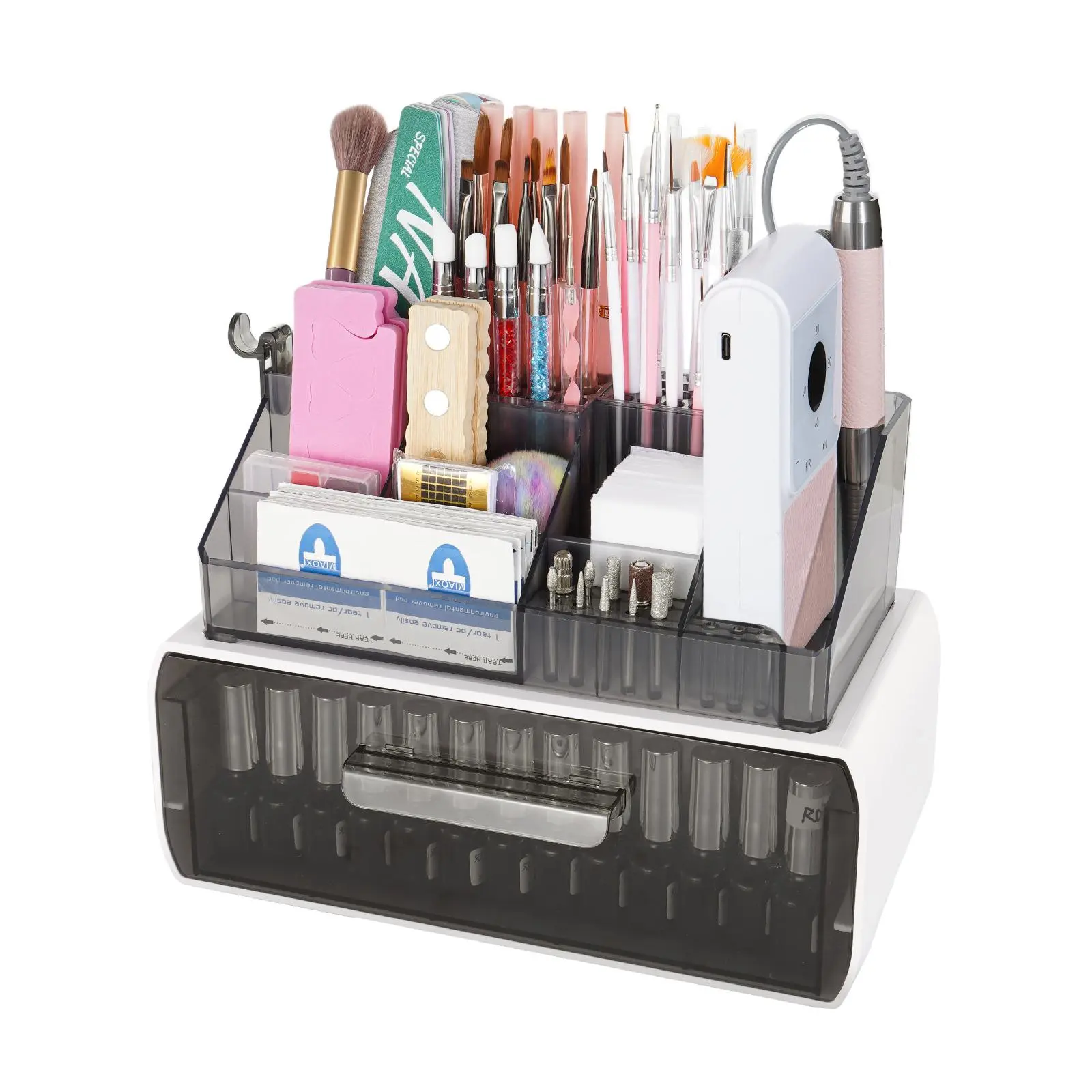 2-Tier Detachable Nail Tools Organizer Box, Acrylic Nail Polish Storage Holder with Drawer, Professional Manicure Supply Organizer for Nail Drill Machine, Brushes, Drill Bits & Nail Art Accessories Nail Art Manicure