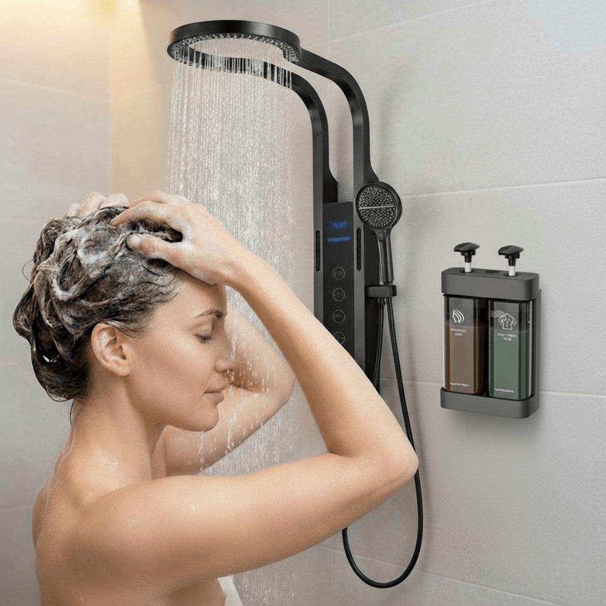 No-Drill Shampoo Dispenser Set, Wall Mounted Conditioner and Body Wash Storage Bottles, Multi-Chamber Push Pump Design, 500ml Large Capacity Refillable Shower Soap Dispenser for Bathroom, Hotel, Apartment and Dorm