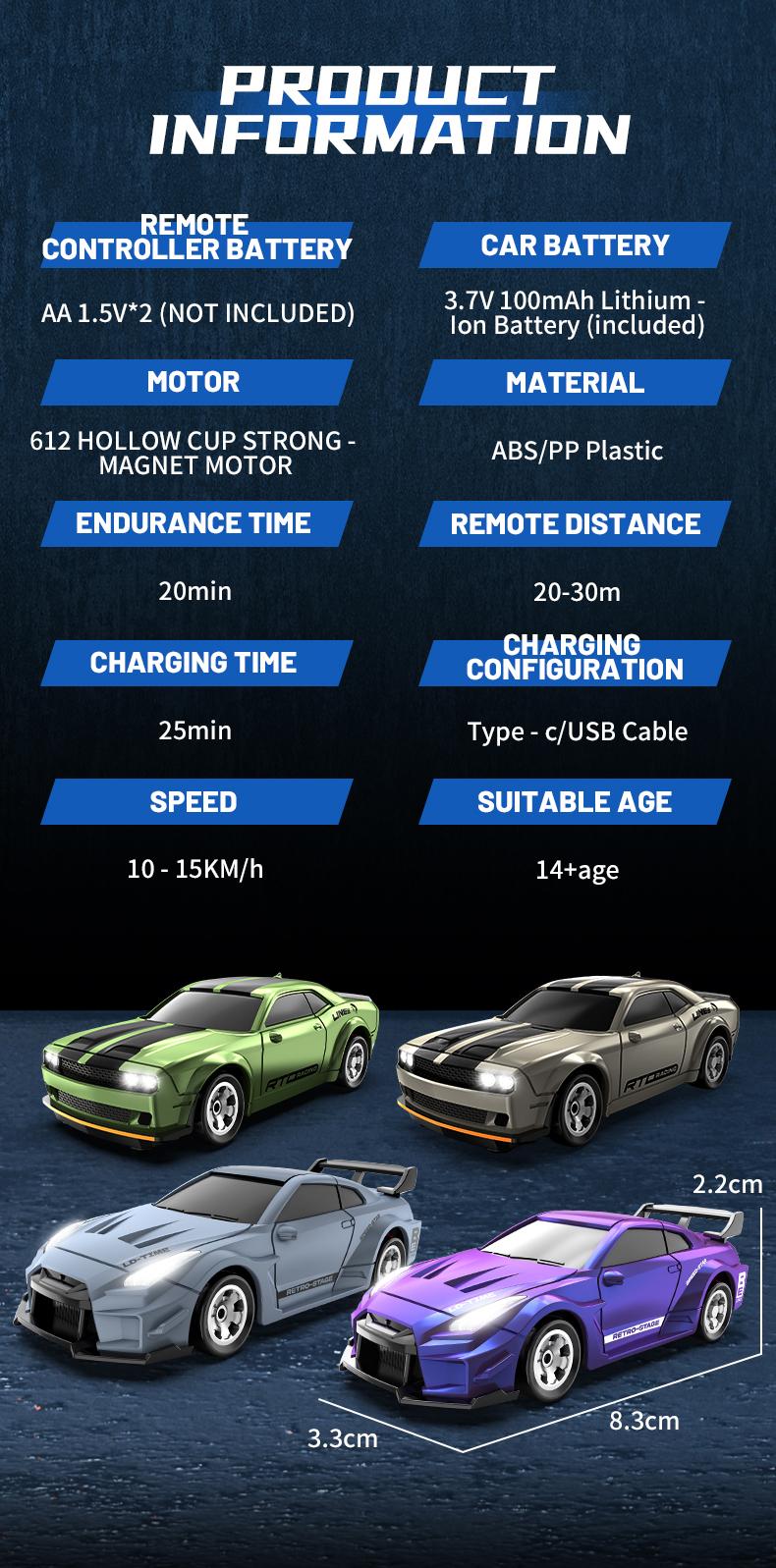 1:64 Mini RC Drift Car 4WD High Speed Remote Control Car, 2 Rechargeable Batteries Long Playtime, 2.4GHz Anti-Interference, LED Lights Drifting Tires for Kids & Adults