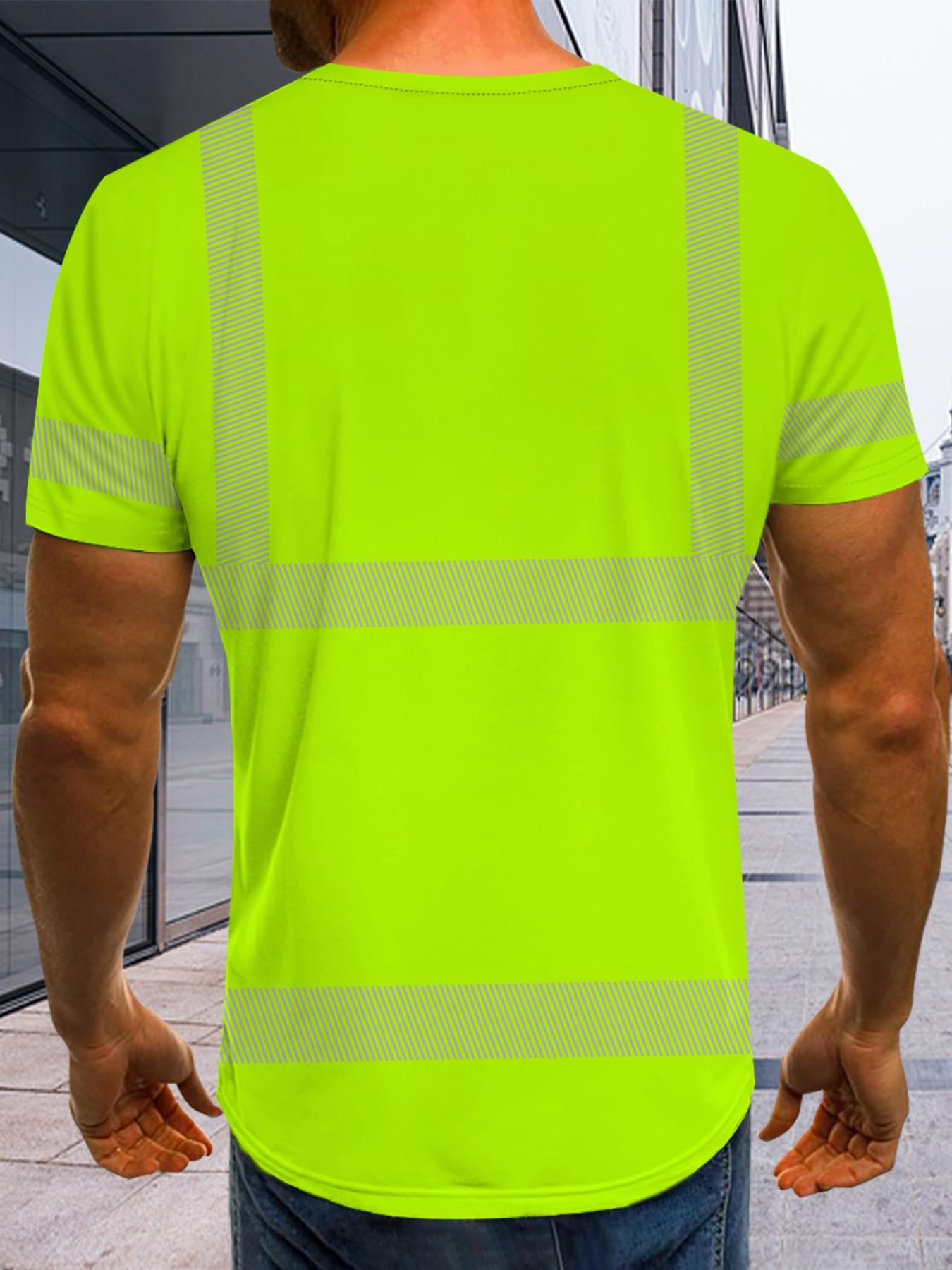 Fluorescent Reflective Stripes Men's T-Shirt, Construction Workwear Style, Safety Half Sleeve, Casual Loose Fit Top